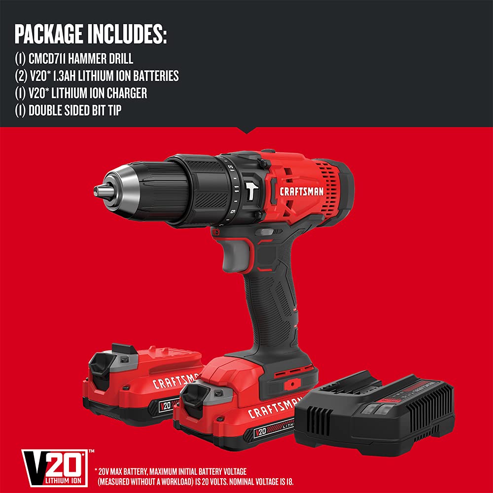 CRAFTSMAN V20 Cordless Hammer Drill Kit with 2 Batteries & Charger, 1/2 Inch Chuck, 20V Lithium-Ion Power Tool (CMCD711C2) - Perfect for DIY Projects, Home Repairs, and Professional Construction Work