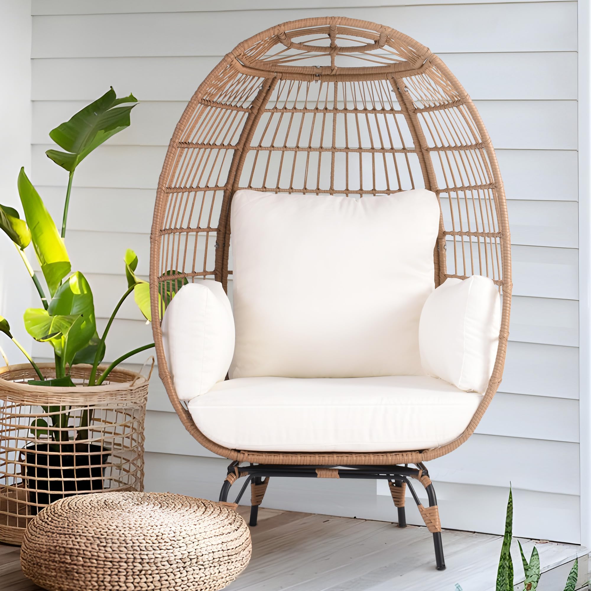 TYARDS Outdoor Egg Chair - PE Wicker Hanging Chair with 440 lbs Weight Capacity, Patio Swing Chair with 4 Thick Cushions, Oversized Lounge Chair with Durable Steel Frame - Perfect for Balcony, Backyard, Bedroom, Garden & Poolside Relaxation