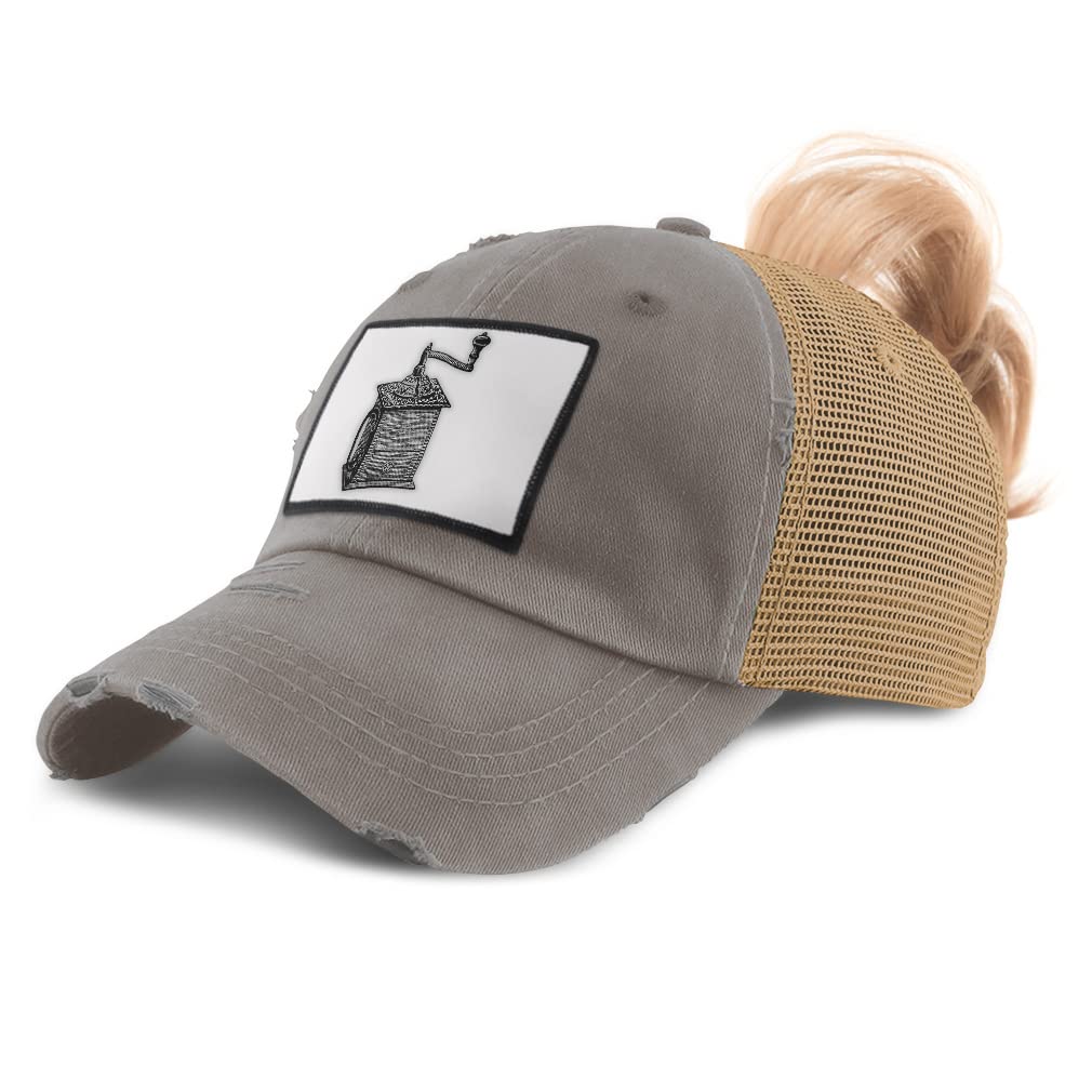 Vintage Style Women's High Ponytail Baseball Cap with Coffee Grinder - Perfect for Coffee Lovers, Baristas & Outdoor Activities