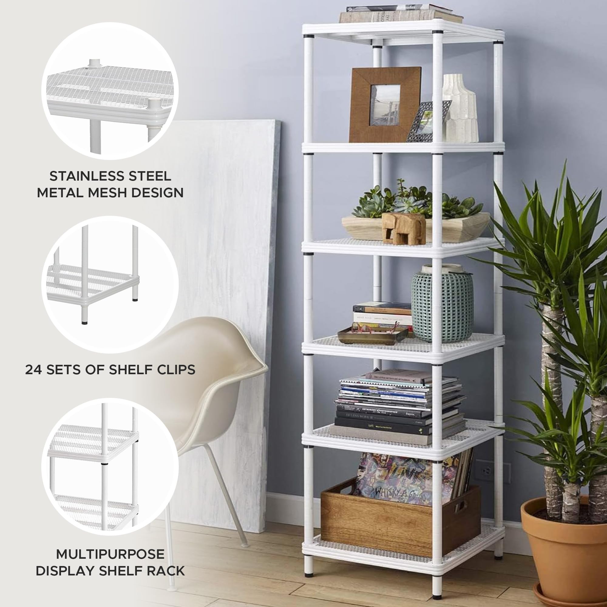 MeshWorks 6-Tier Narrow Metal Storage Shelf Tower - 17.7”x17.7”x70.9” White Organizer for Kitchen, Bathroom, Garage, Pantry & Laundry Room - Space-Saving Vertical Storage Solution for Small Spaces