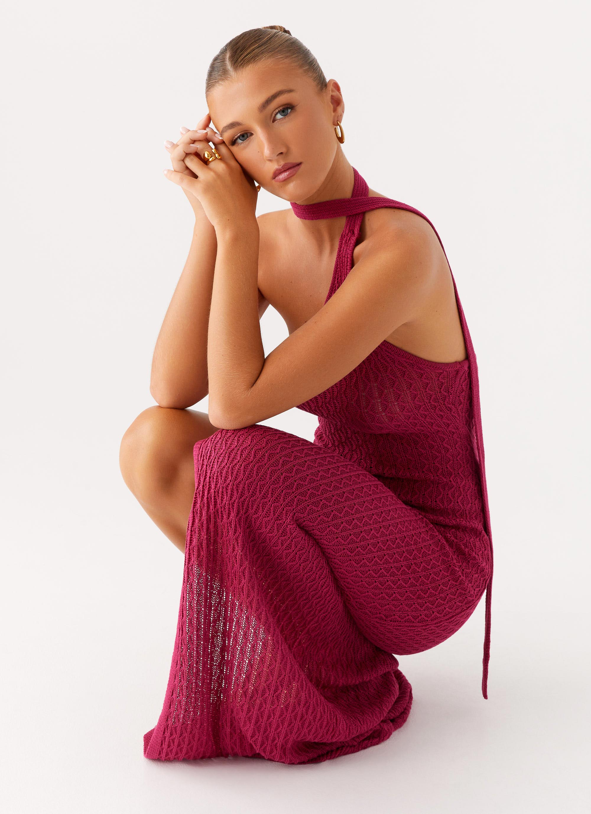 Carryn Knit Maxi Dress for Women - Hot Pink Flowy Long Dress, Summer Beach Party, Boho Chic Fashion, Casual & Elegant Outfit