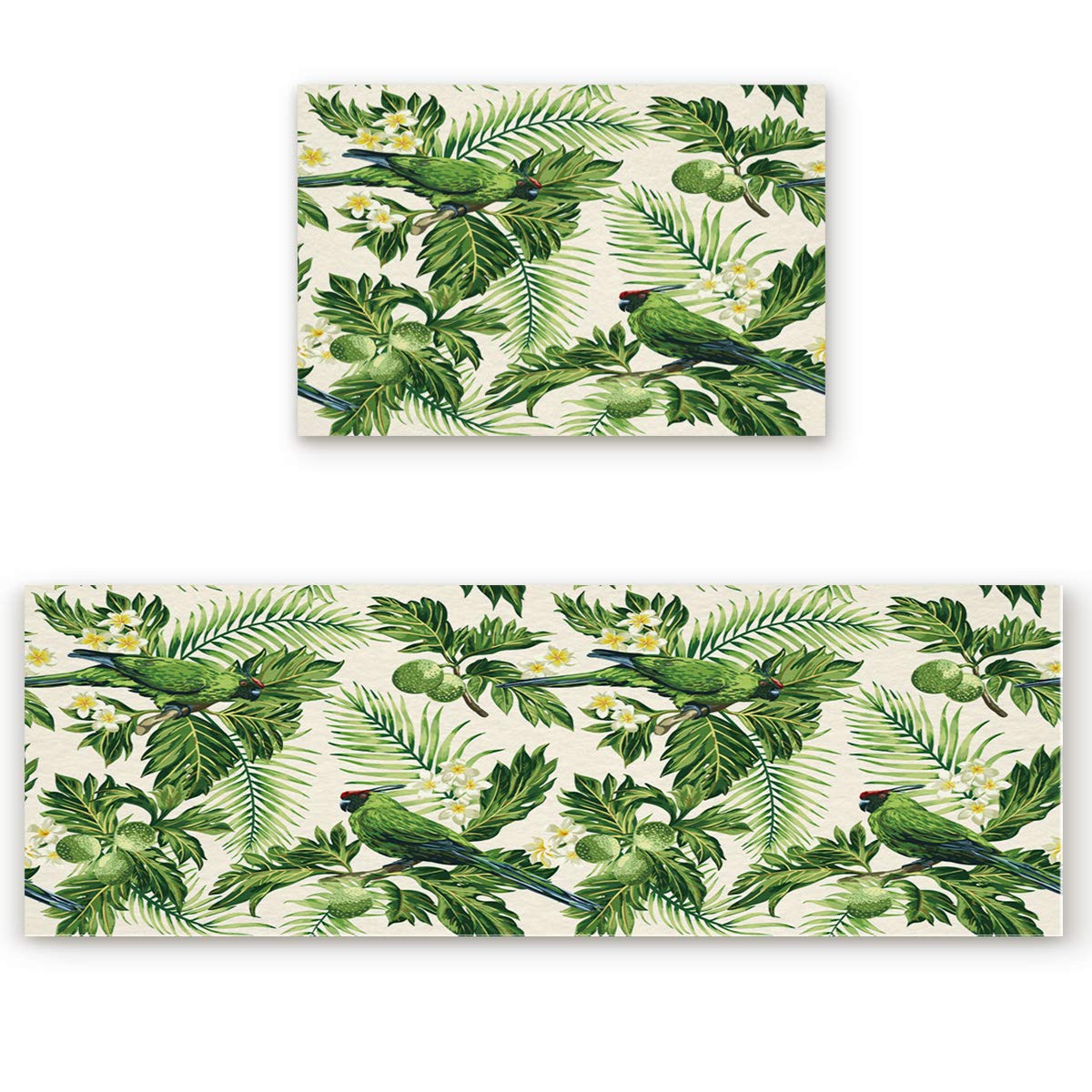 Anti-Fatigue Kitchen Floor Mats Set - 2 Pack Non-Slip Waterproof Cushioned Standing Mats with Tropical Palm Leaves Design (23.6x35.4in + 23.6x70.9in) for Comfortable Cooking, Dishwashing & Food Prep Areas