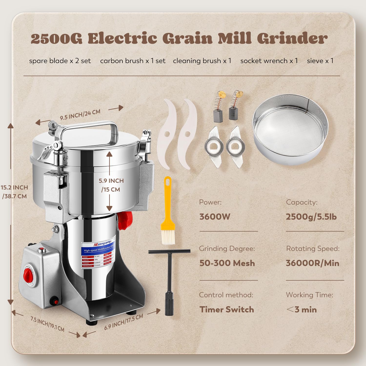 Moongiantgo 2500g Commercial Grain Mill Grinder - 3600W Electric Spice Grinder, Stainless Steel Dry Grinding Machine for Wheat, Corn, Rice, Pepper, Herbs & Coffee Beans (110V) - Perfect for Bakeries, Restaurants & Home Kitchens