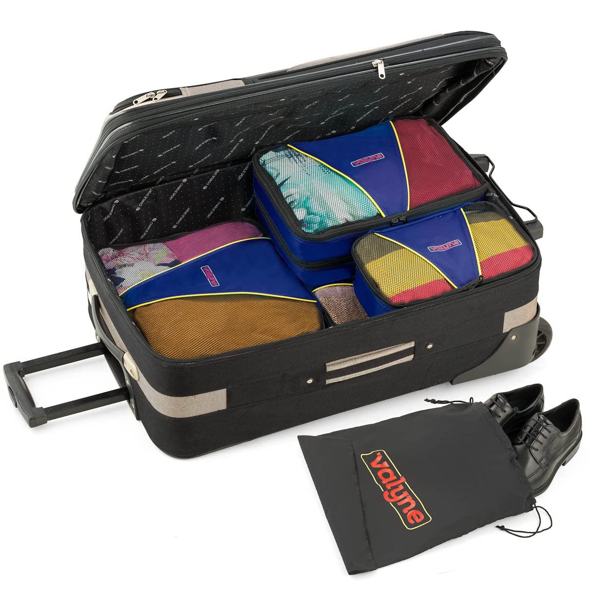 Valyne 6-Piece Mesh Nylon Packing Cubes Set - Travel Luggage Organizer with Laundry & Shoe Bag - Medium Double Compartment Packing Cubes for Suitcases - Perfect for Business Trips, Vacations & Weekend Getaways (Dark Blue)