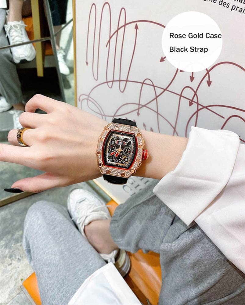 Luxury Gosasa Men's Diamond Tonneau Watch - Analog Chronograph with Date Calendar, Large Rectangle Face & Silicone Strap - Perfect for Business, Dress & Work Attire | Elegant Wristwatch for Formal Events & Professional Settings