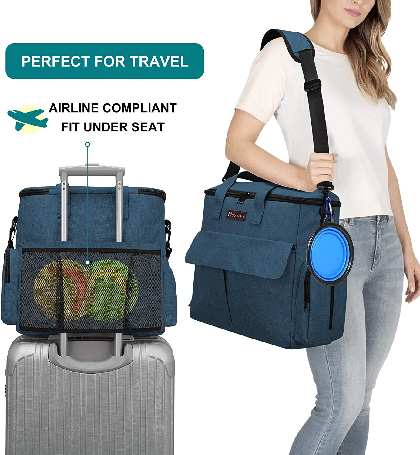 Premium Dog & Cat Travel Bag - Airline Approved Pet Carrier Tote with Multi-Function Pockets, 2 Food Containers, 2 Collapsible Bowls & Feeding Mat (Blue) - Perfect for Weekend Trips, Air Travel & Outdoor Adventures