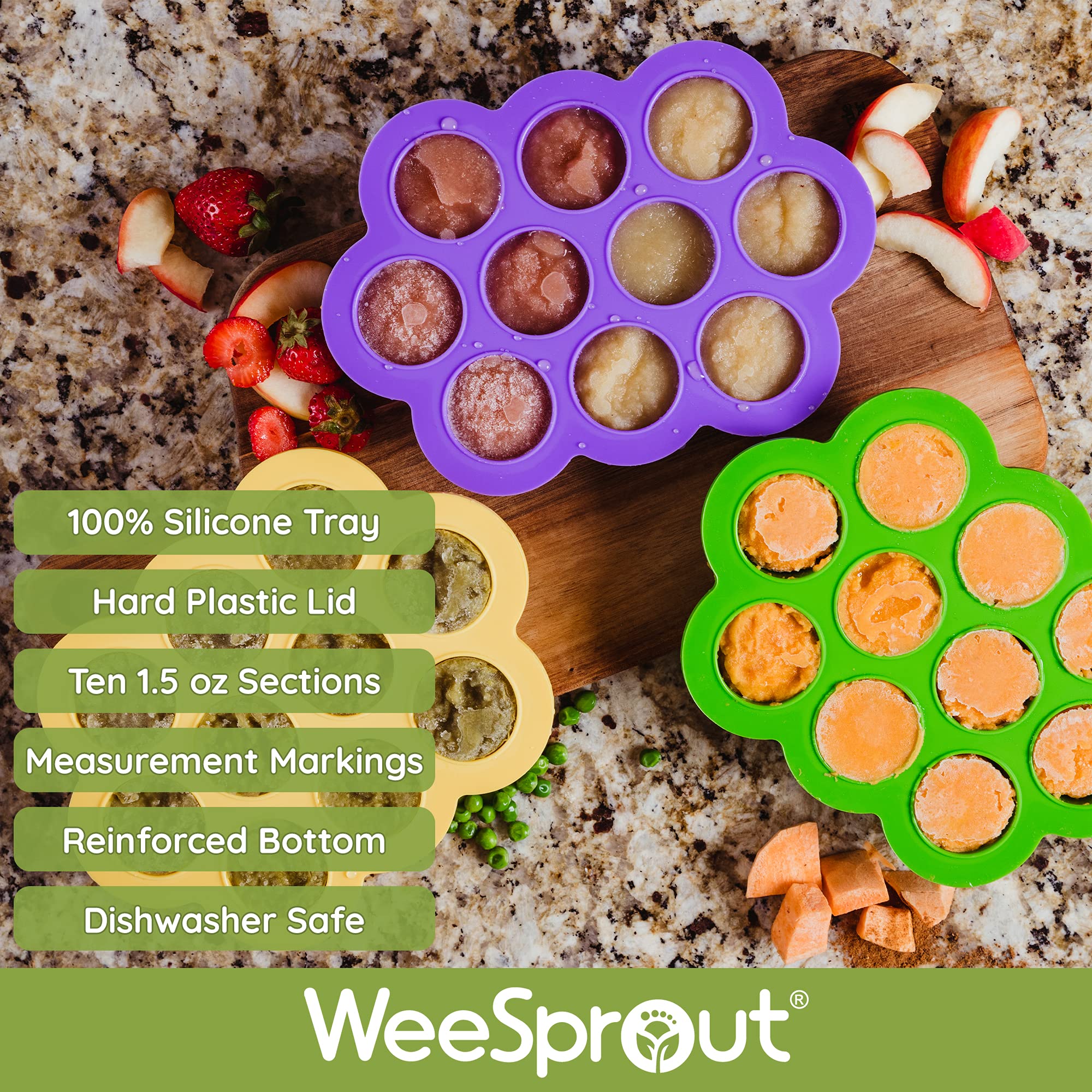 WeeSprout Silicone Baby Food Freezer Tray with Clip-on Lid - BPA-Free Storage Container for Homemade Baby Food, Vegetable Puree, Fruit Puree & Breast Milk | Perfect for Meal Prep, Baby Led Weaning & Breast Milk Storage