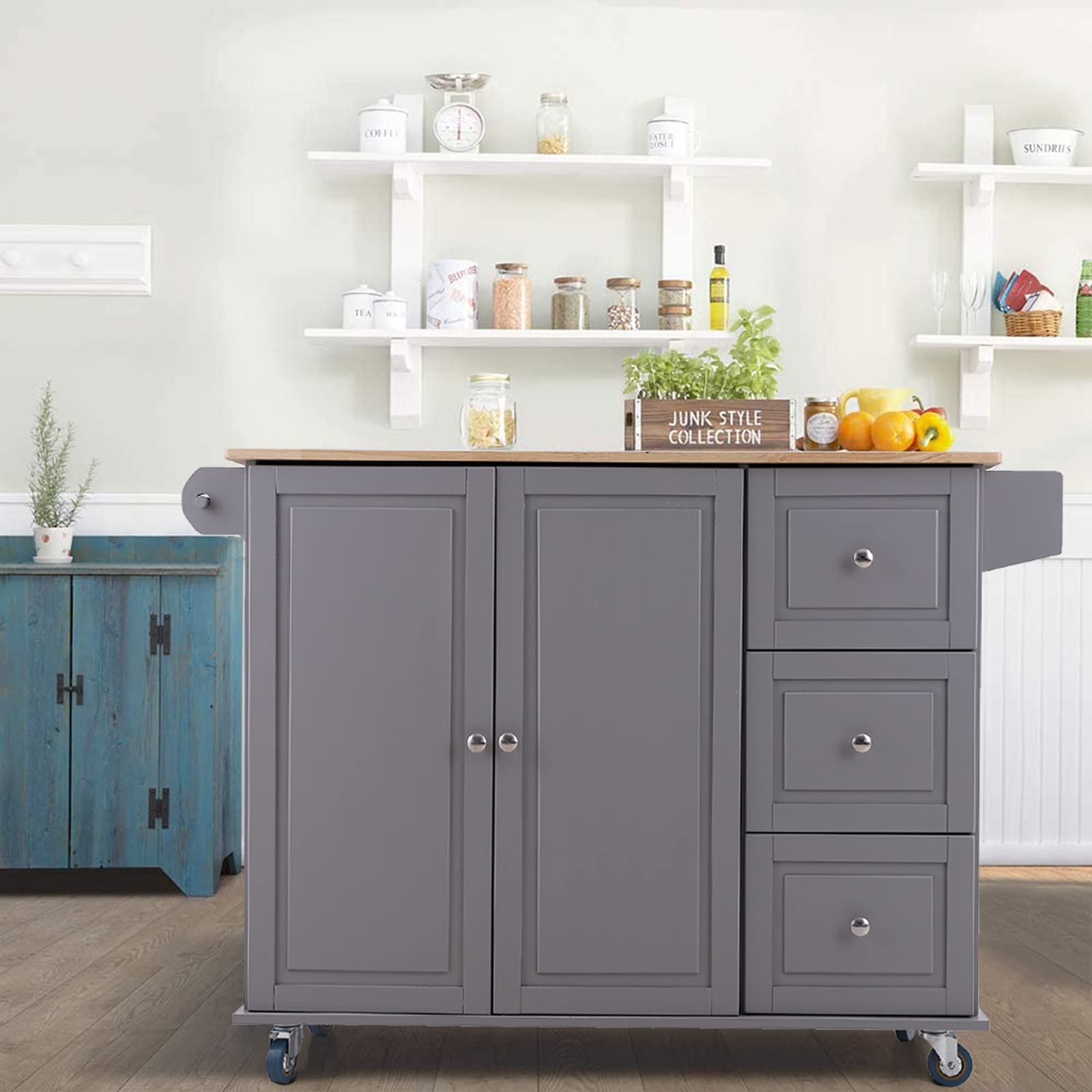 Rolling Kitchen Island Cart with Storage - Drop-Leaf, 3 Drawers & Spice Rack - Perfect for Small Kitchens