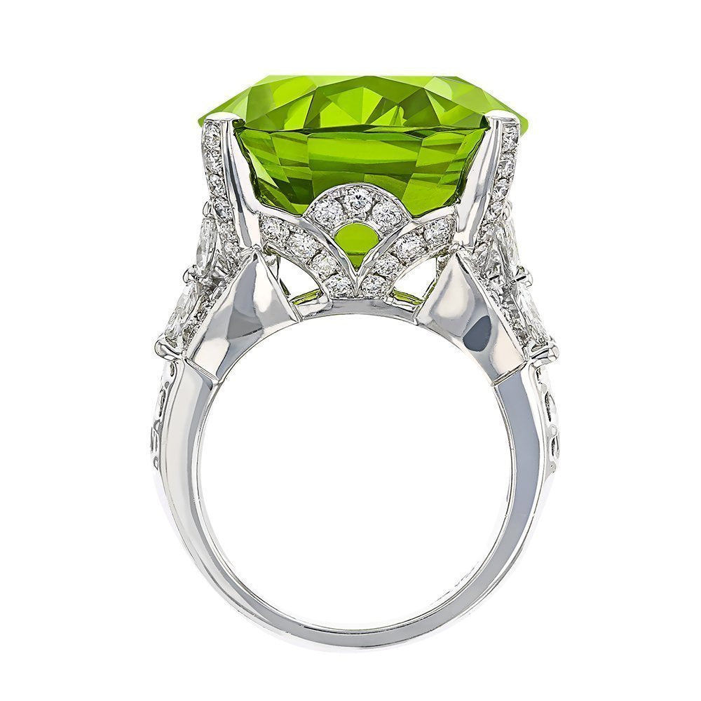 18KT Gold 28.26 CT Cushion Peridot and 1.76 CTW Diamond Ring for Women - Luxury Statement Jewelry for Engagement, Anniversary & Special Occasions
