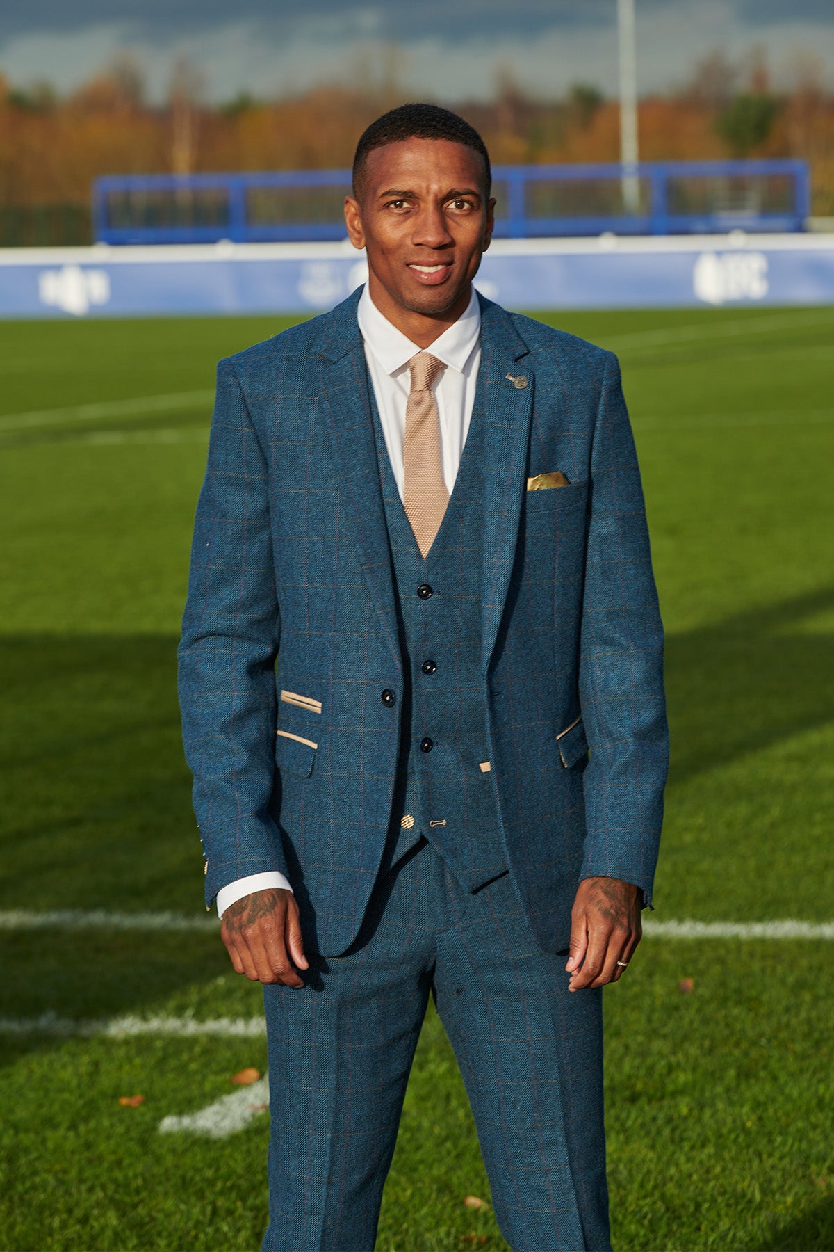 Everton FC Ashley Young DION Blue Tweed Check Suit - Official Licensed Football Suit for Men, Perfect for Matchdays, Weddings & Formal Events