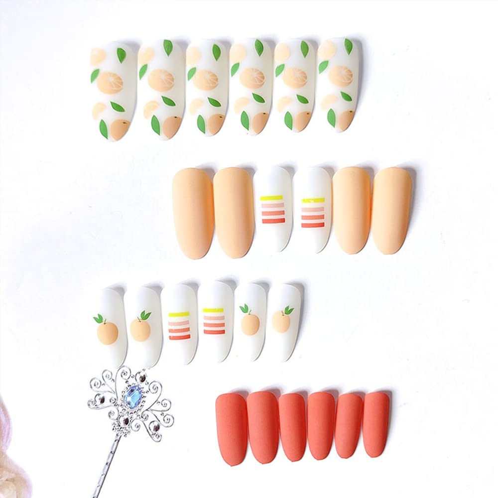 24 Pcs Medium Almond Press on Nails - Nude Fake Nails with Orange Fruit Design, Glossy Short Artificial Nails with Glue for Women & Girls (Light Yellow Base/Green White) | Perfect for Parties, Weddings, Daily Wear & Nail Art Enthusiasts