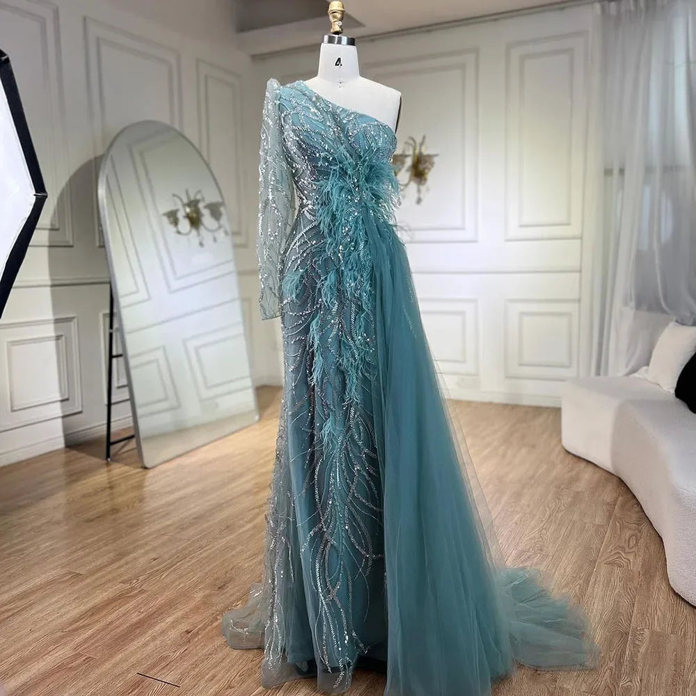 Serene Hill Caramel Mermaid Evening Gown with Overskirt & One Shoulder Beaded Feathers - Women's Formal Party Dress for Prom, Gala & Special Occasions 2025 LA71789A