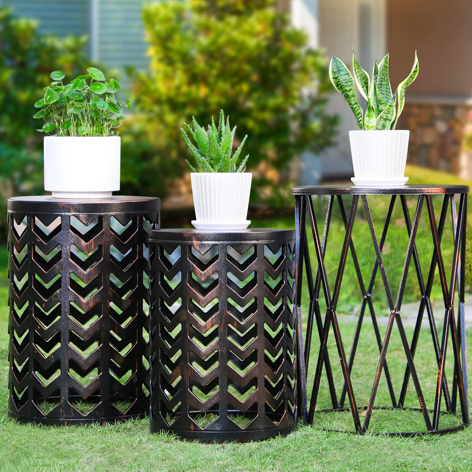 Y&M Set of 3 Heavy-Duty Round End Tables - Indoor Side Tables & Coffee Tables, Outdoor Garden Stools & Plant Stands - Retro Black with Bronze Finish (US Shipping) | Perfect for Living Room, Patio & Home Decor
