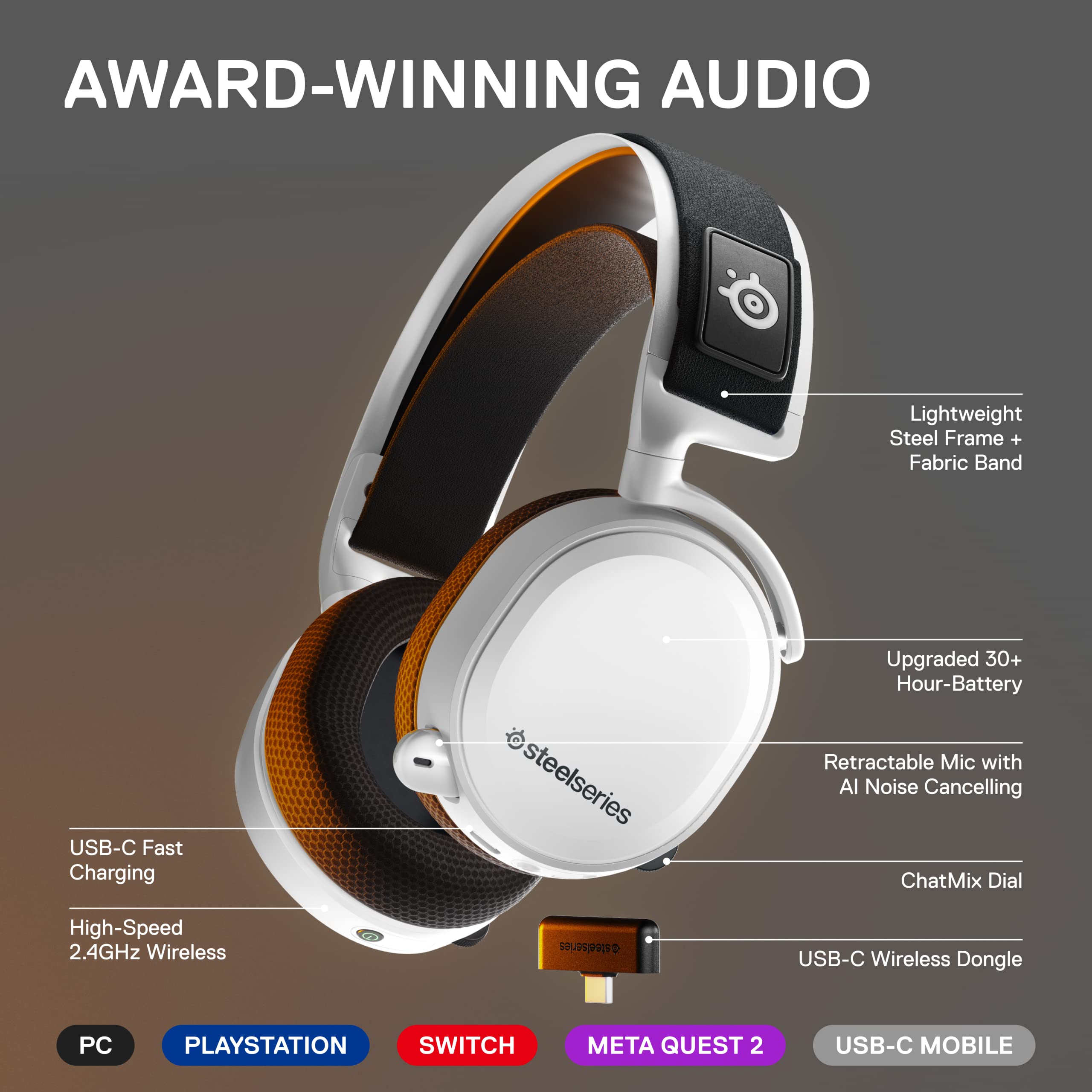 SteelSeries Arctis 7+ Wireless Gaming Headset - Lossless 2.4GHz Audio, 30-Hour Battery, USB-C Charging, 7.1 Surround Sound - Compatible with PC, PS5, PS4, Mac, Android & Nintendo Switch (White) - Perfect for Competitive Gaming, Streaming & Long Gaming Sessions