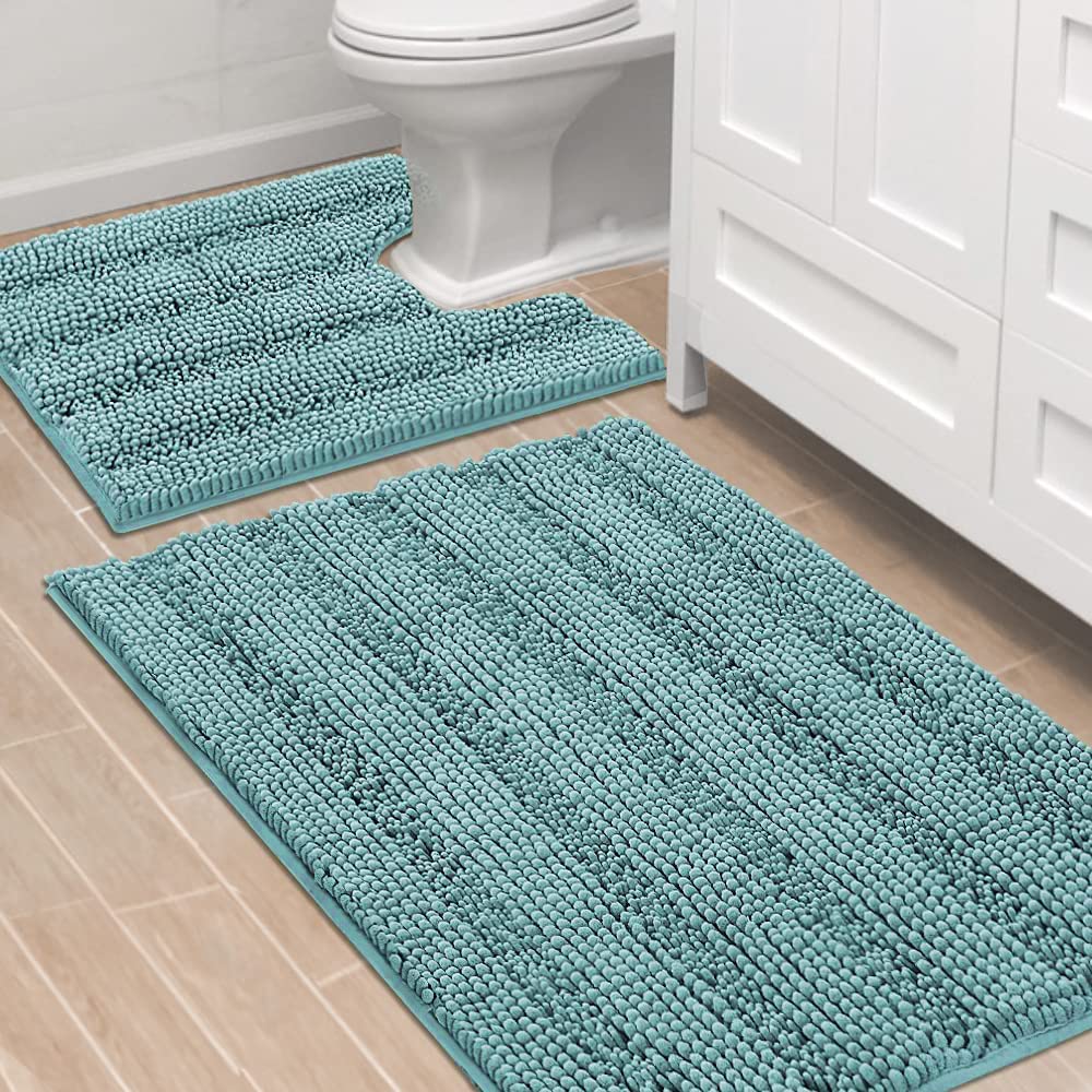 Non-Slip 2-Piece Bathroom Rug Set - Ultra Thick Water Absorbent Contour Toilet Mats, Washable Striped Bath Rugs (36