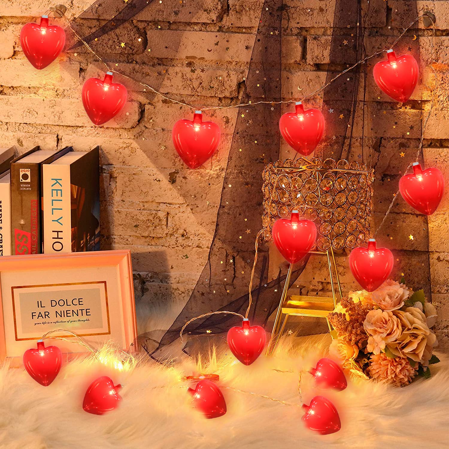 8.5Ft Heart String Lights with 10 Red 3D Hearts - Romantic Plug-in Fairy Lights for Valentine's Day, Bedroom, Wedding, Anniversary - Indoor & Outdoor Decoration - Perfect for Romantic Dinners, Garden Parties and Home Decor