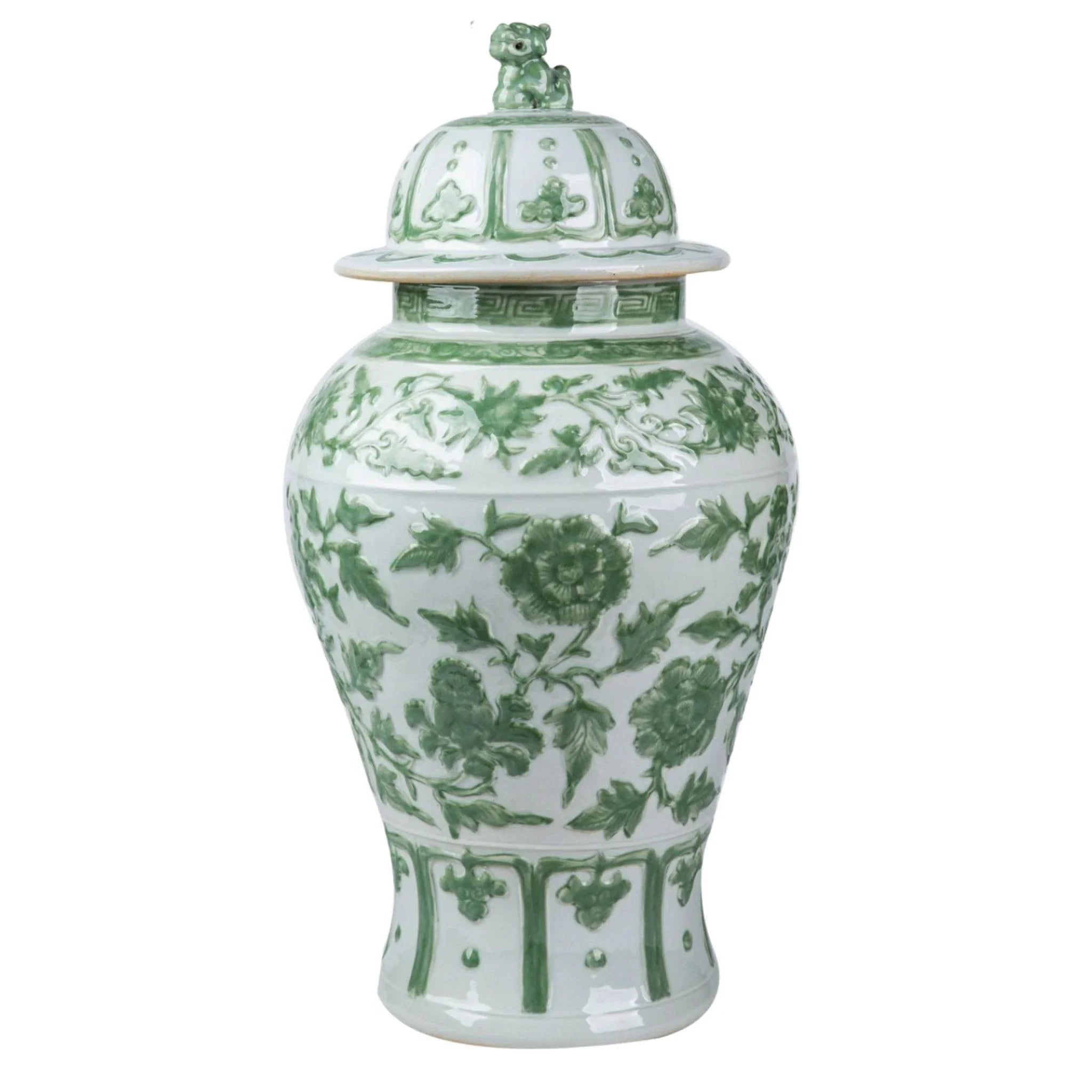 Exquisite Celadon Green Carpped Floral Porcelain Temple Jar with Lion Lid - Vintage Asian Home Decor for Living Room, Office & Meditation Space