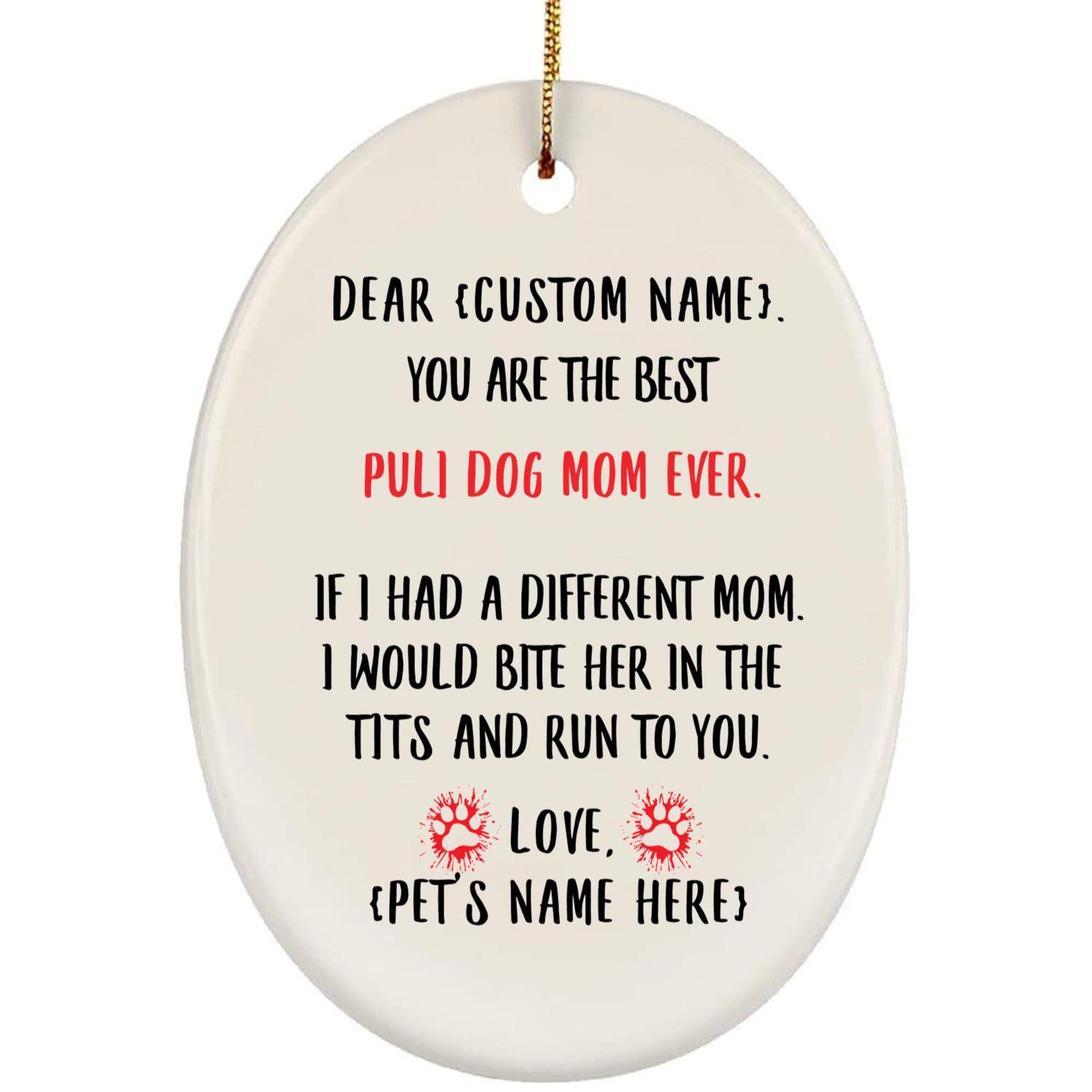 Personalized Puli Dog Christmas Ornament - Custom Name Ceramic Oval Pet Gift for Dog Moms - Perfect for 2024 Holiday Tree Decor & Dog Lover Gifts