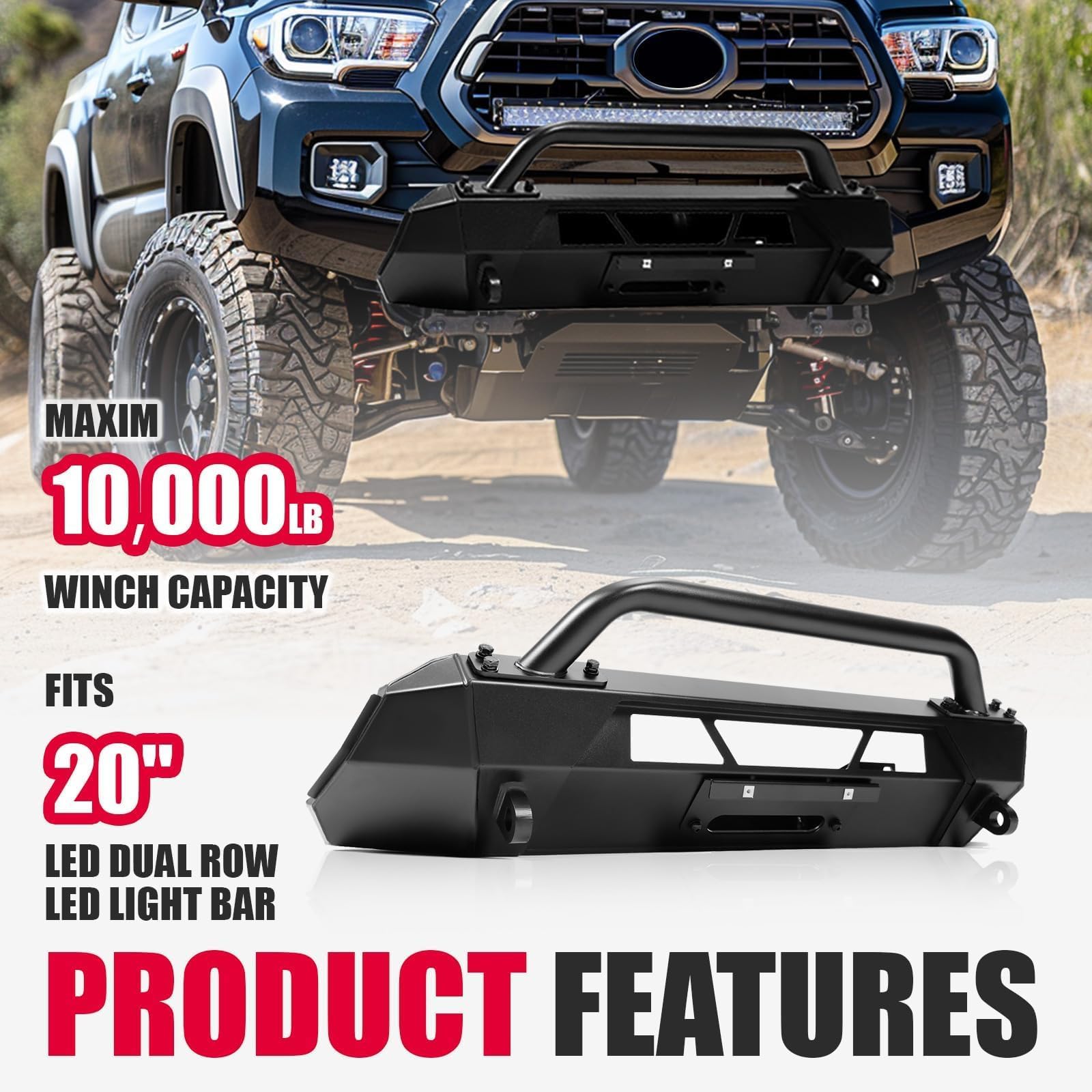 Kojem Steel Winch Bumper with Push Bar & Grill Guard - Compatible with 2016-2023 Toyota Tacoma | Heavy Duty Black Front Bumper Protector | Perfect for Off-Roading, Hunting & Truck Protection