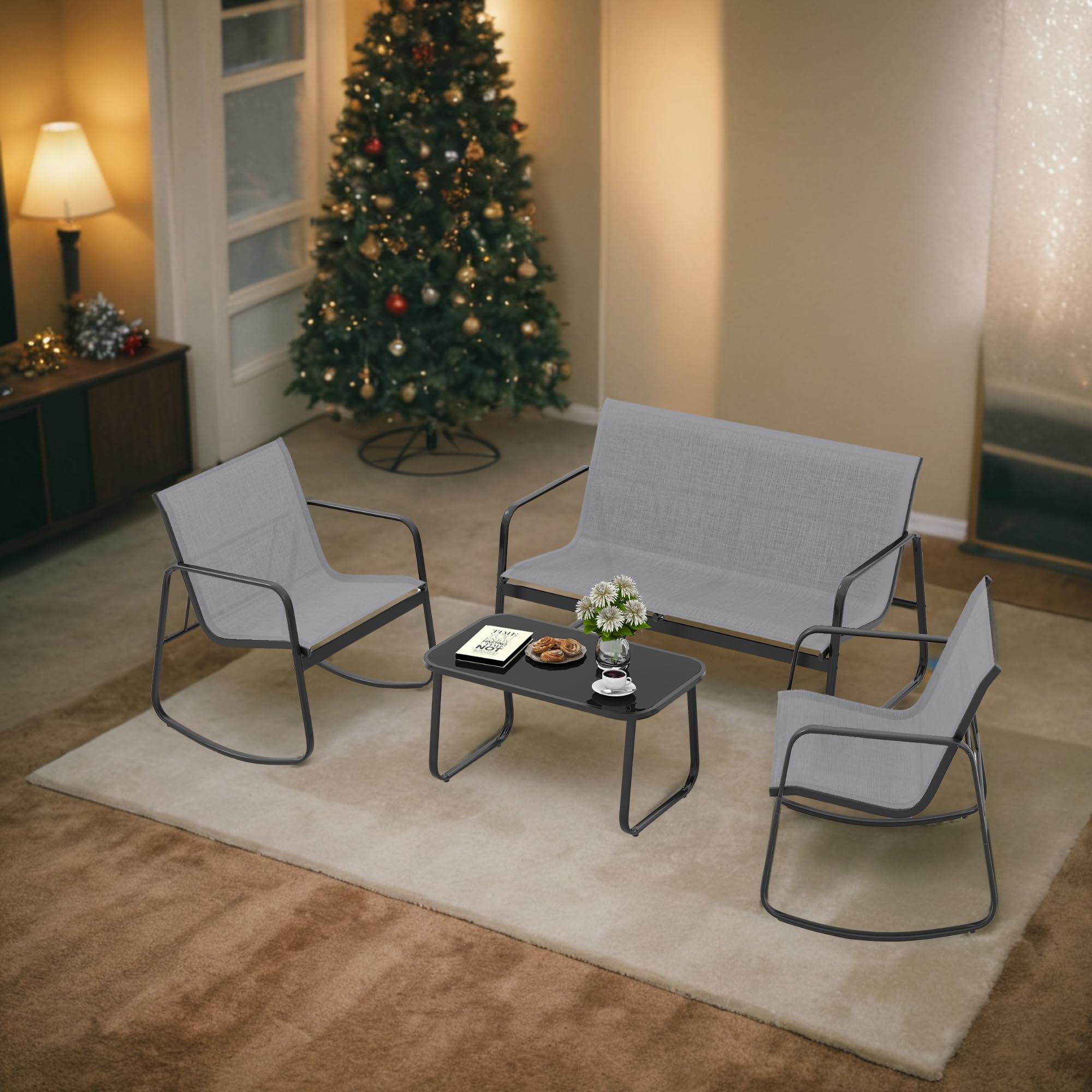 DWVO 4-Piece Outdoor Patio Furniture Set with Textilene Fabric - 2 Rocking Chairs & Tempered Glass Coffee Table - Durable Gray Conversation Set for Garden, Poolside, Backyard or Balcony Relaxation