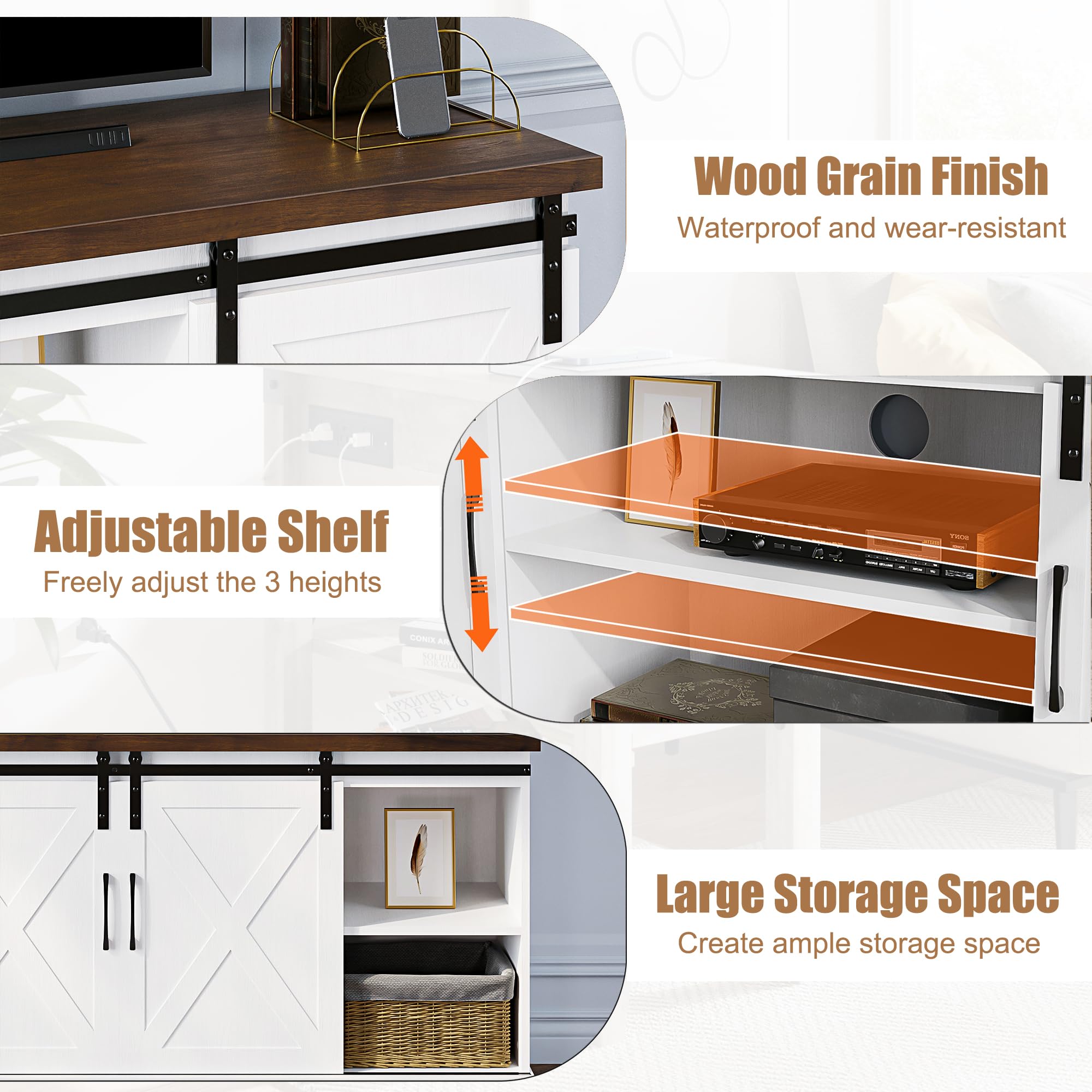 IDEALHOUSE 65 Inch Farmhouse TV Stand with Barn Doors - Rustic Entertainment Center & Media Console Cabinet with Storage Shelves - Modern Living Room Furniture for Home Theater & Family Entertainment (White)