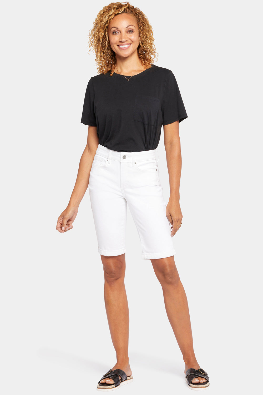 Briella Women's 10 Inch Denim Shorts - Petite Size High Waisted Distressed Denim Shorts in Optic White | Perfect for Summer, Beach, and Casual Outfits