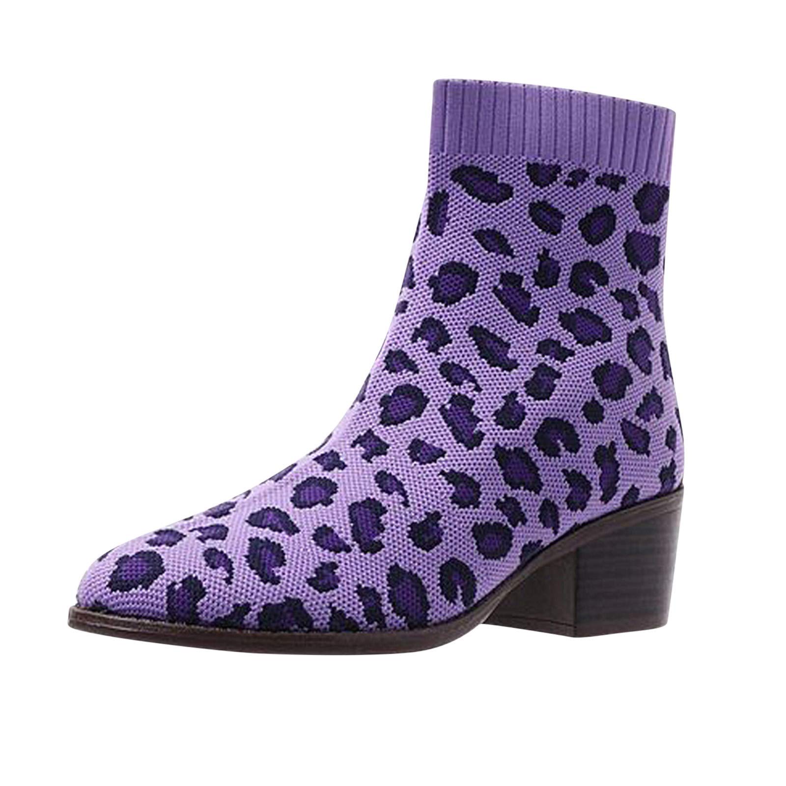 Yck-SAiWed Women's Chelsea Boots - Chunky Mid Heel Pointy Toe Ankle Booties | Sexy Leopard Print Knit Slip-On Fashion Boots for Casual Outfits, Office Wear & Night Out