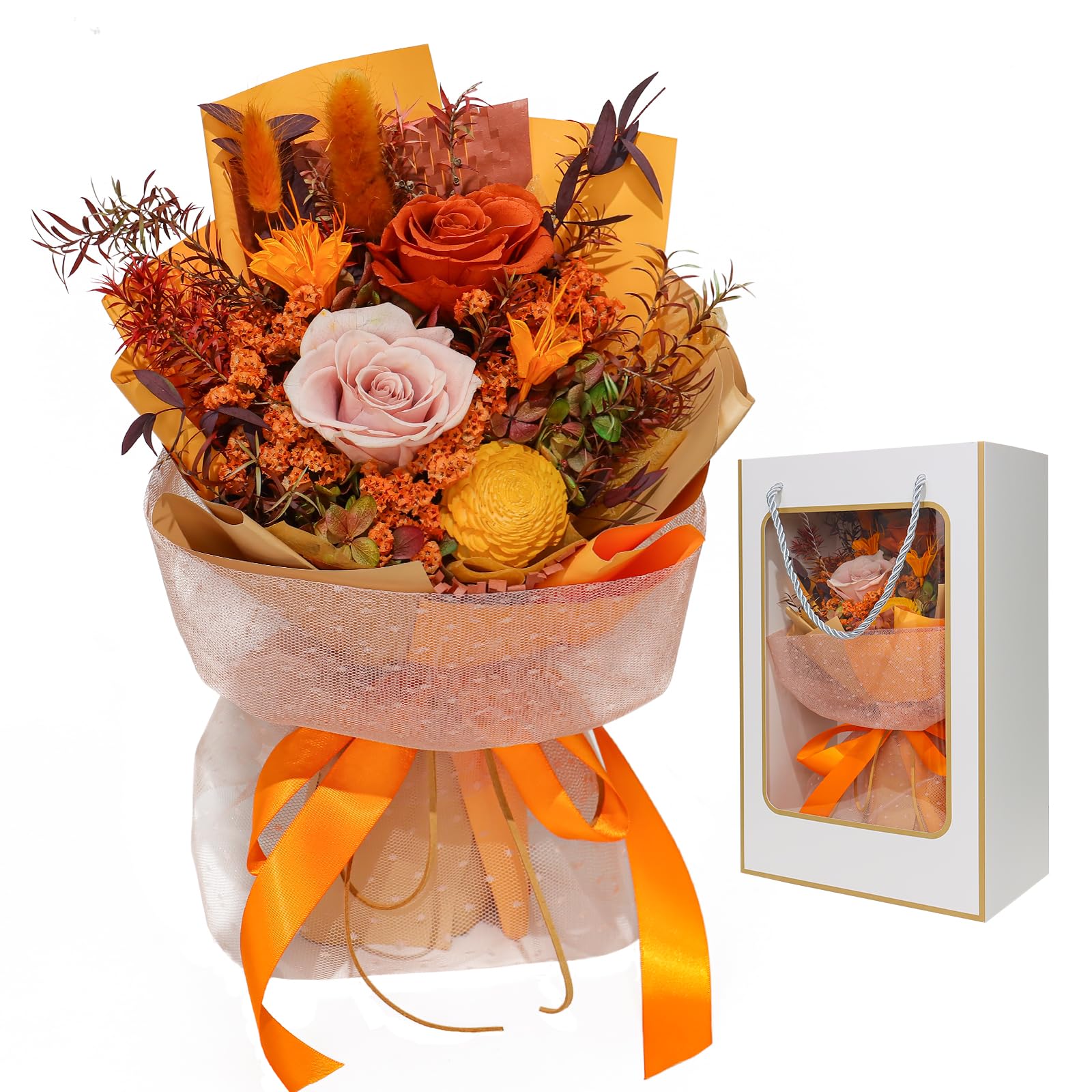 Long Lasting Preserved Orange Rose Bouquet - Eternal Fresh Flowers for Home Décor, Mother’s Day, Anniversary & Birthday Gifts - Perfect for Weddings, Sympathy Arrangements & Thanksgiving Decor
