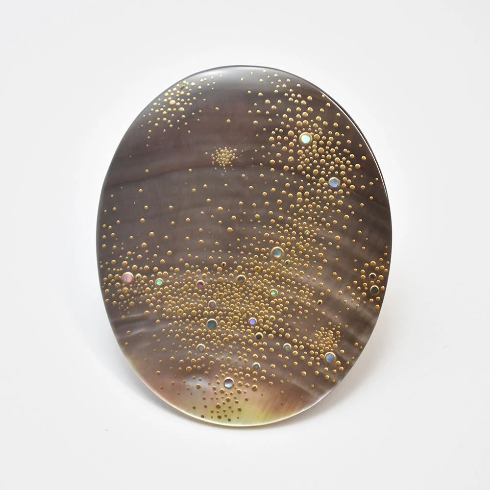 Handcrafted Japanese Maki-e Urushi Lacquer Brooch with Black Lip Oyster Pearl Shell - Milky Way Design | Traditional Artisan Jewelry for Women | Perfect for Formal Occasions, Weddings & Special Events