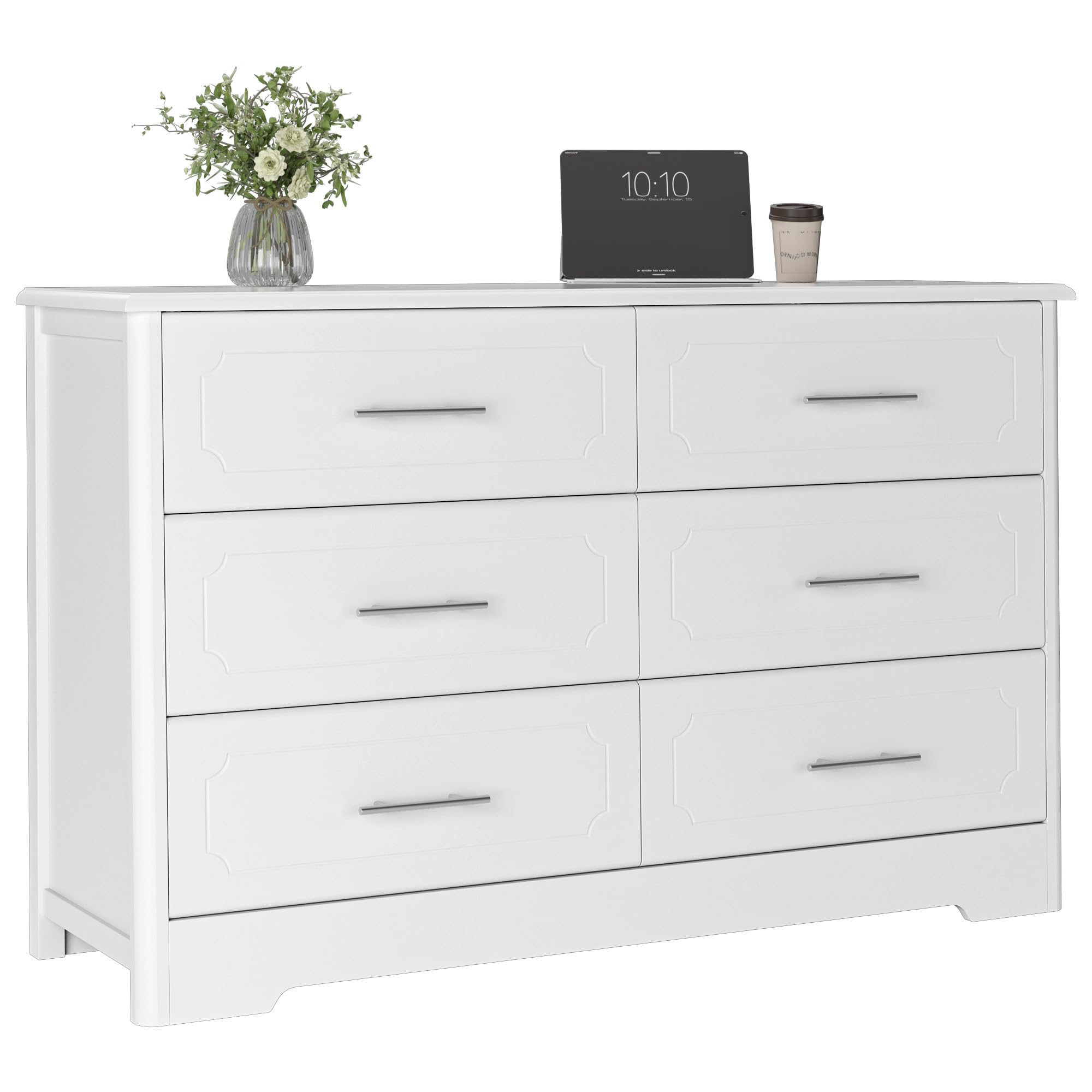 HOSATCK 6-Drawer Dresser - Modern White Wooden Chest of Drawers with Metal Handles, Bedroom Storage Organizer for Clothes, Towels & Linens | Perfect for Master Bedroom, Guest Room & Dormitory (Trapezoid/White)