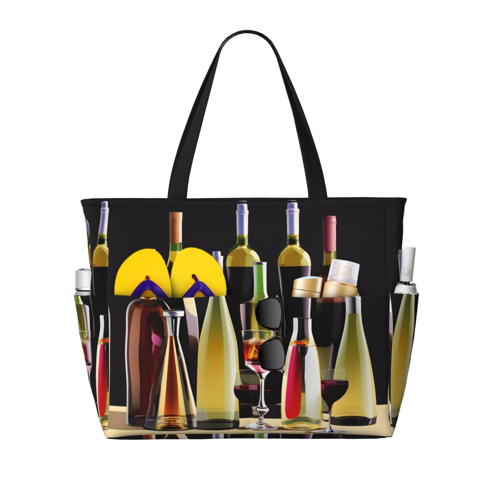 **Waterproof Gym Shoulder Bag with Cocktail & Wine Print - Large Fashion Beach Tote for Women, Summer Travel, Work & Shopping (Black, One Size)**    *Perfect for gym, beach trips, travel, work, shopping & casual outings!*