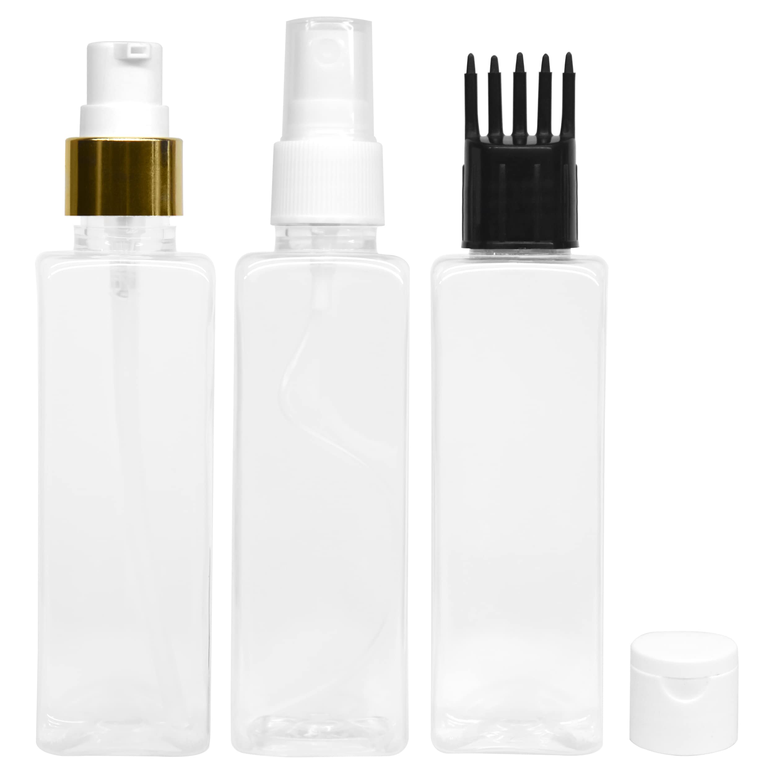 Refillable 100ml Rectangular Bottle Set with Pump Dispenser, Spray Atomizer, Comb Applicator & Flip Top Cap - Durable Containers for Perfume, Liquids, Shampoo (Multicolor) - Perfect for Travel, Salon & DIY Beauty Products