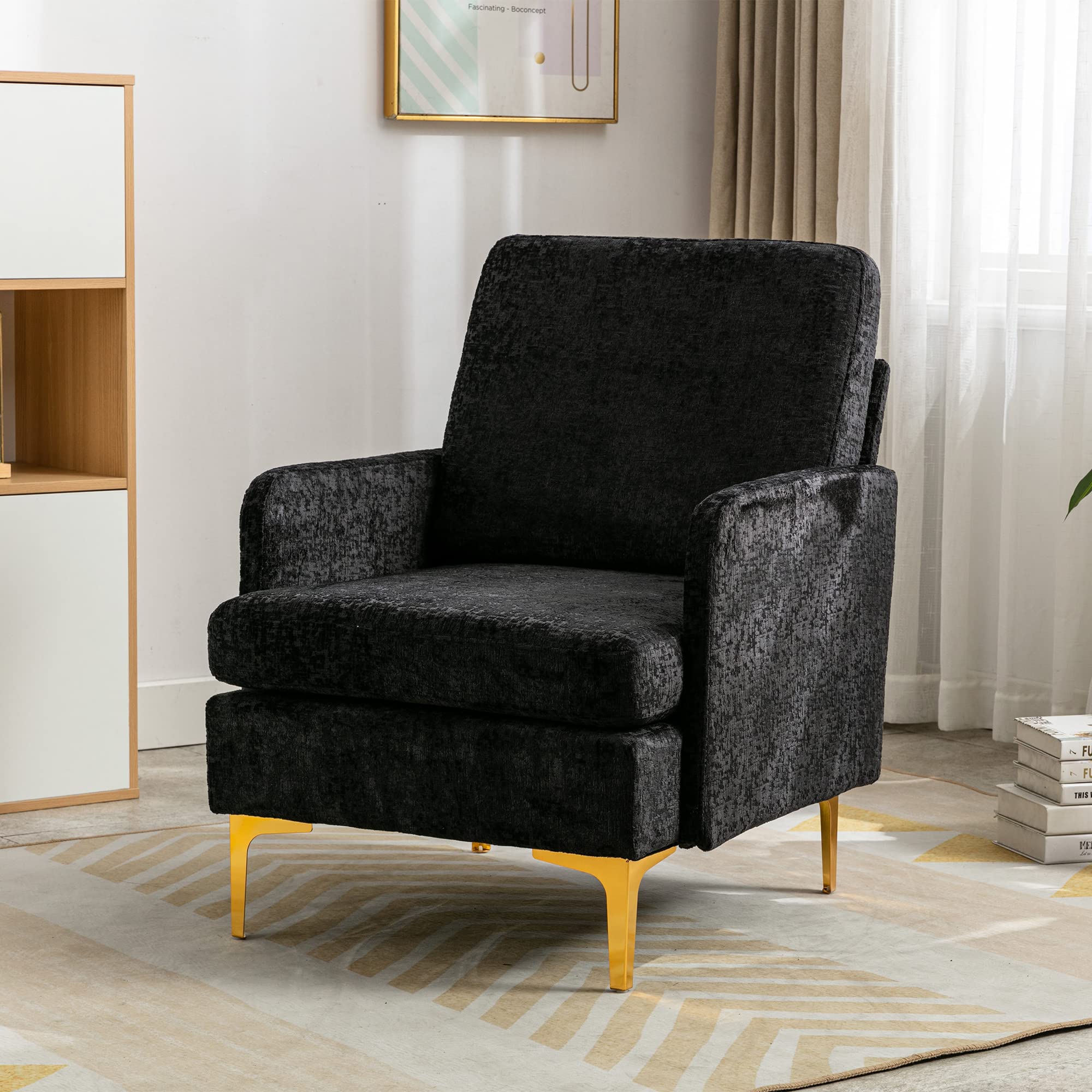 Modern Accent Chair with Golden Metal Legs - Upholstered Single Sofa Chair with 2 Storage Pockets & Thick Cut Pile Cushion - Comfortable Living Room, Bedroom or Home Office Armchair for Reading & Relaxing (Black) - Perfect for Small Spaces, Apartments & Cozy Corners