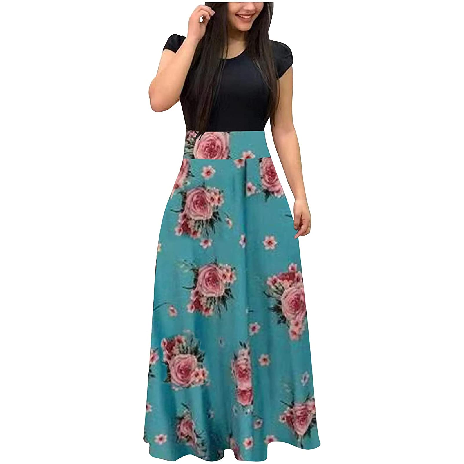 Women's Summer Boho Floral Maxi Dress - Short Sleeve Loose Casual Sundress for Beach Party, Vacation & Outdoor Events | Lightweight Cover Up Dress