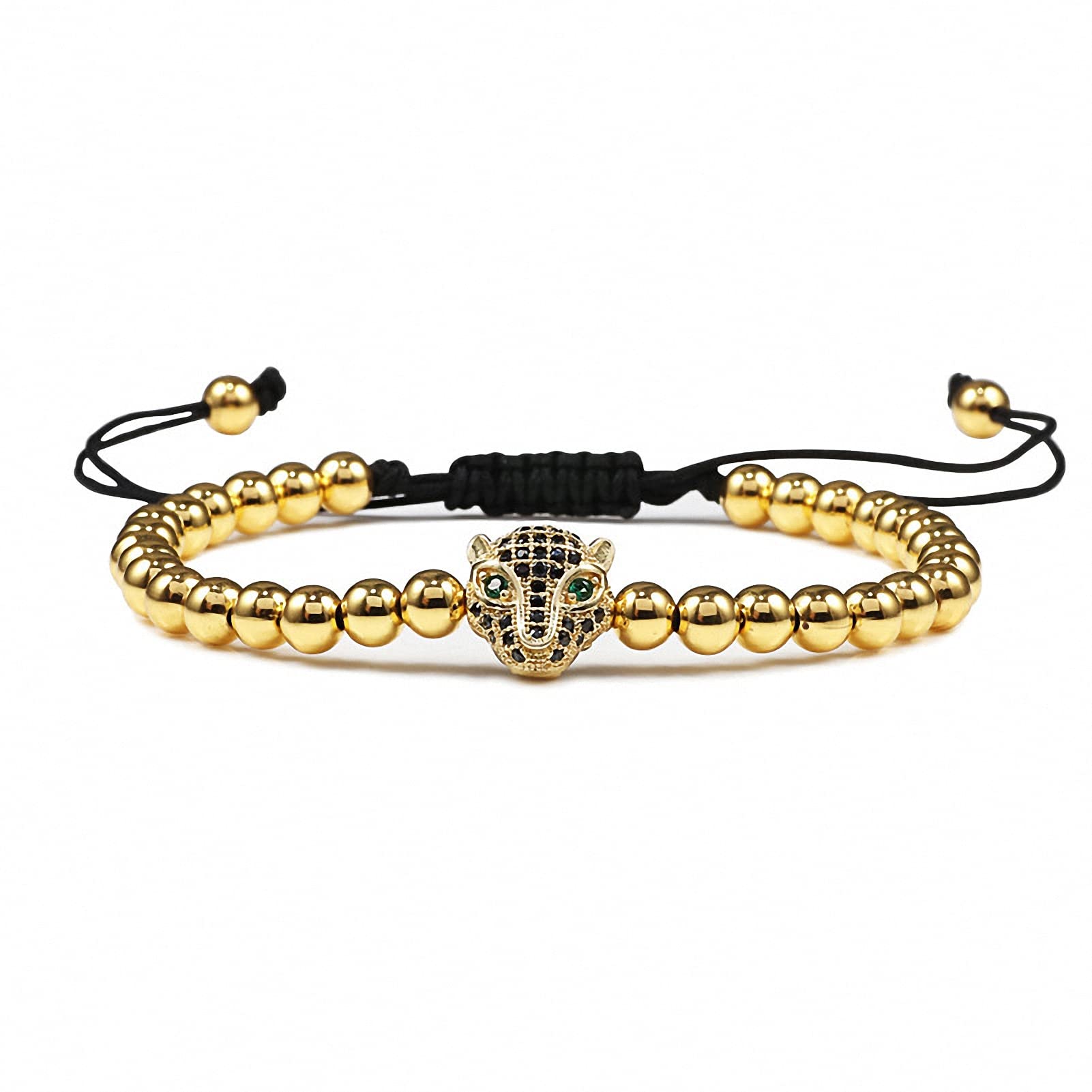 Handmade 5mm Beaded Charm Bracelet - Gold Leopard Head Design for Men & Women | Unique Jewelry Gift for Birthday, Anniversary & Special Occasions | Fashionable Pulseira for Casual & Formal Wear