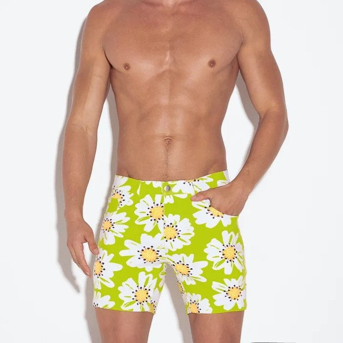 Code 22 Slim Fit 5-Pocket Stretch Shorts for Men - 9712 Lime Floral Print Casual Summer Shorts | Perfect for Beach, Gym & Outdoor Activities