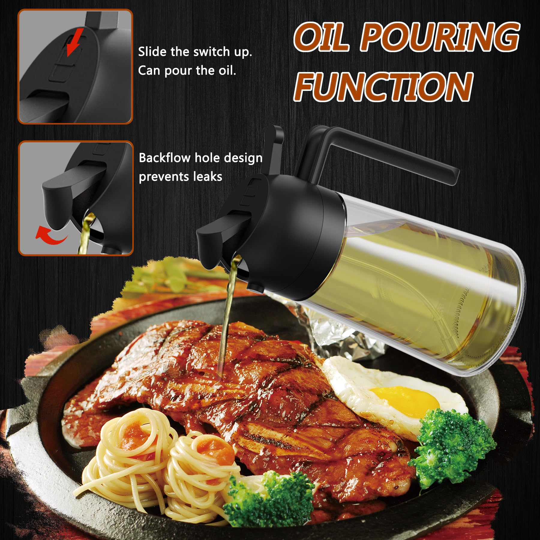 16oz/470ml Oil Sprayer & Dispenser Bottle - 2 in 1 Kitchen Tool for Olive Oil, Cooking Spray, Salad Dressing & BBQ - Perfect for Baking, Grilling & Healthy Cooking (Black)