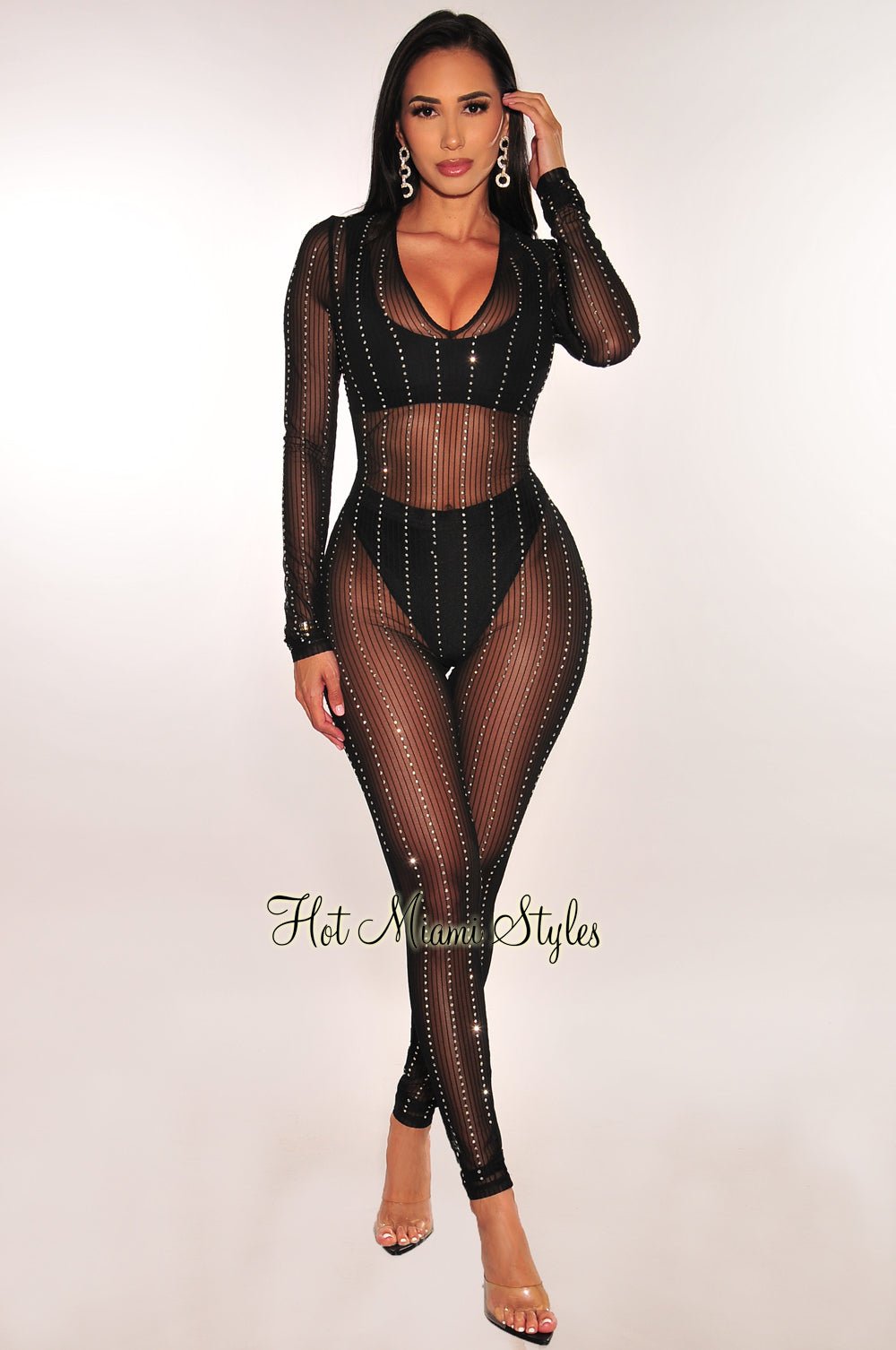 Elegant Black Sheer Mesh Rhinestone Long Sleeve Jumpsuit for Women - Perfect for Evening Parties, Cocktail Dresses & Special Occasions