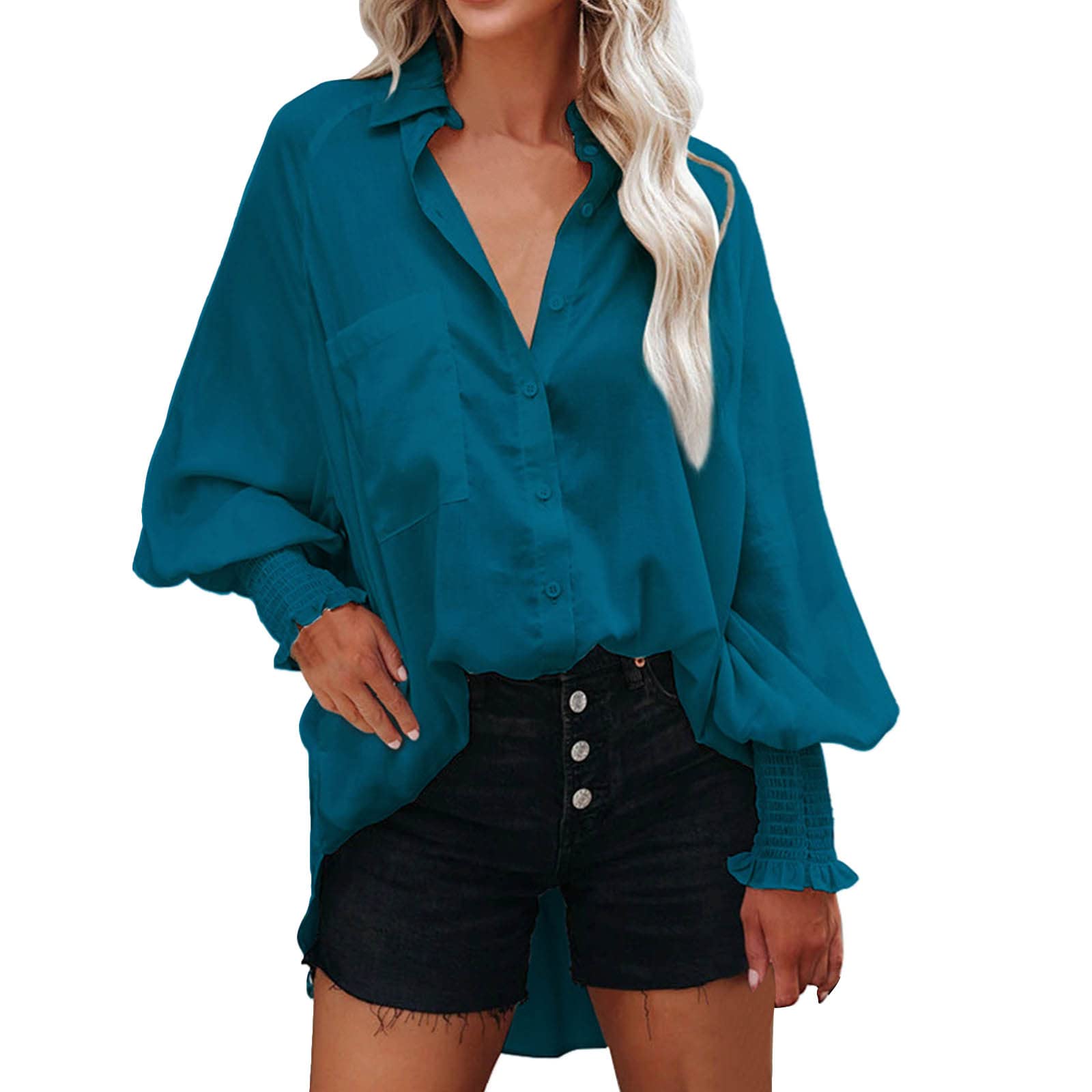 Women's Loose Lapel Solid Color Long Sleeve Beach Shirt - Sun Washed Canvas Casual Top for Summer Outfits, Vacations & Boho Style
