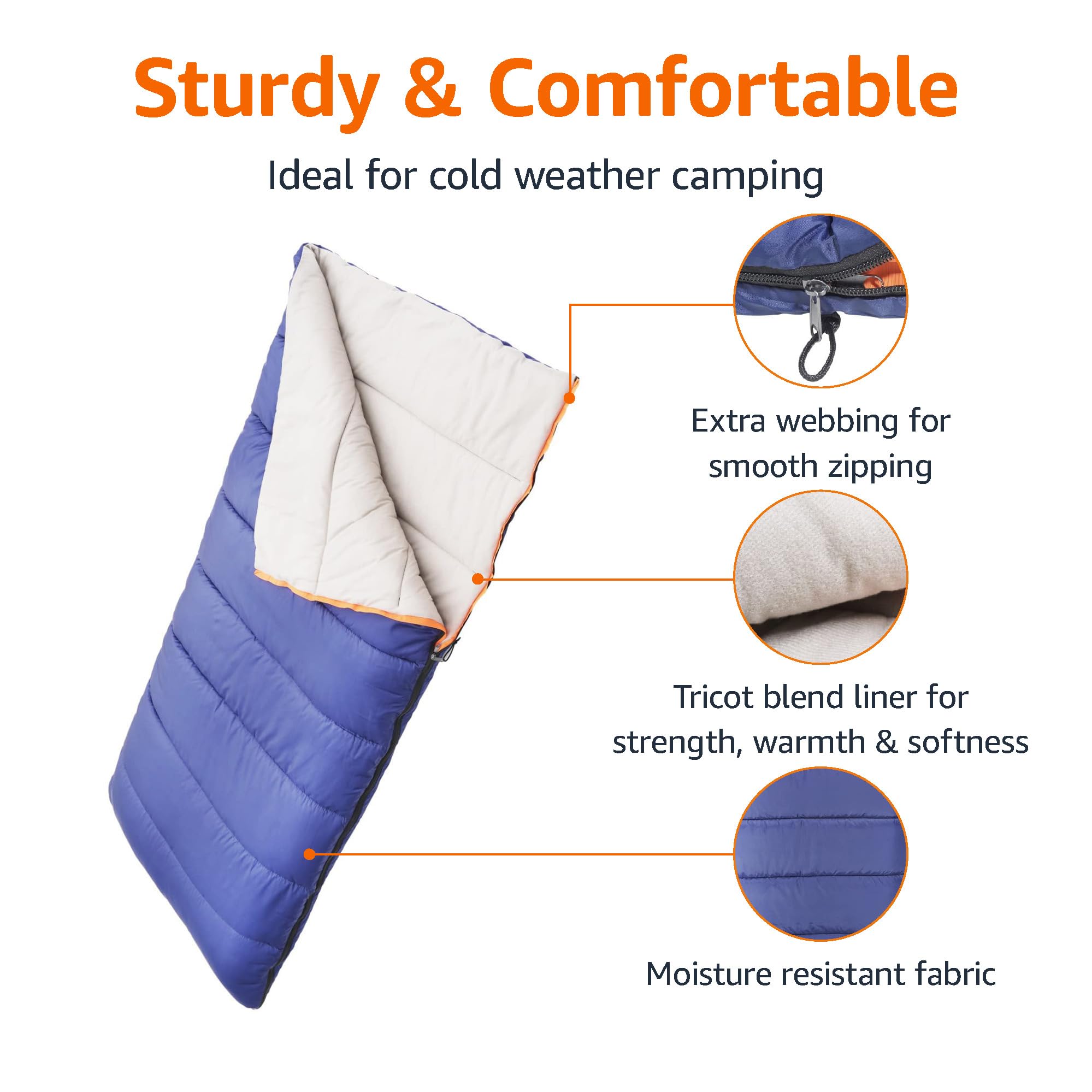 Amazon Basics Cold Weather Sleeping Bag for Adults - Lightweight & Waterproof, Twin Size, Blue - Perfect for Camping, Hiking & Outdoor Adventures