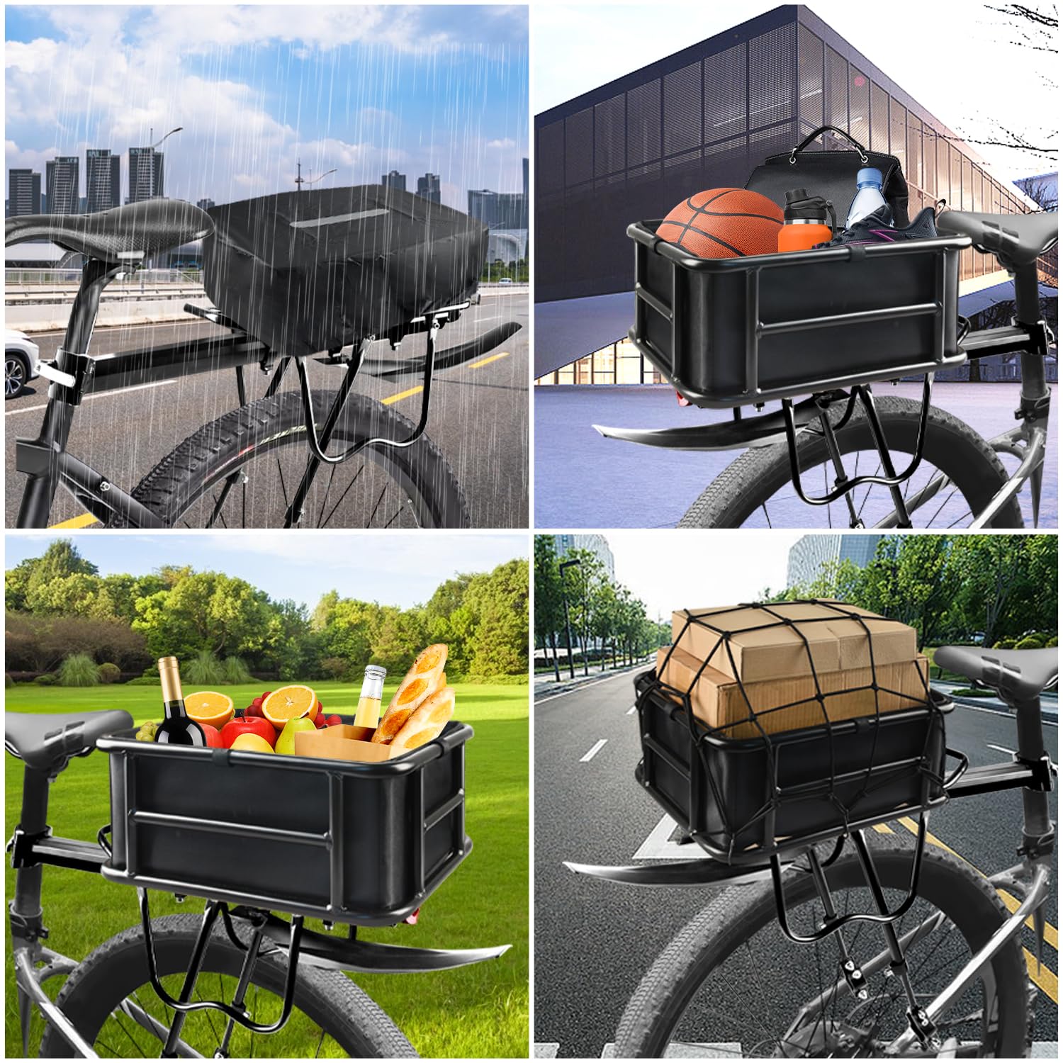 Heavy Duty Rear Bike Basket with Liners, Cargo Net & 2 Rain Covers - Large Metal Bicycle Rear Rack for Commuting, Groceries & Outdoor Adventures (Fits Bicycle, Ebike, Electric Bike)