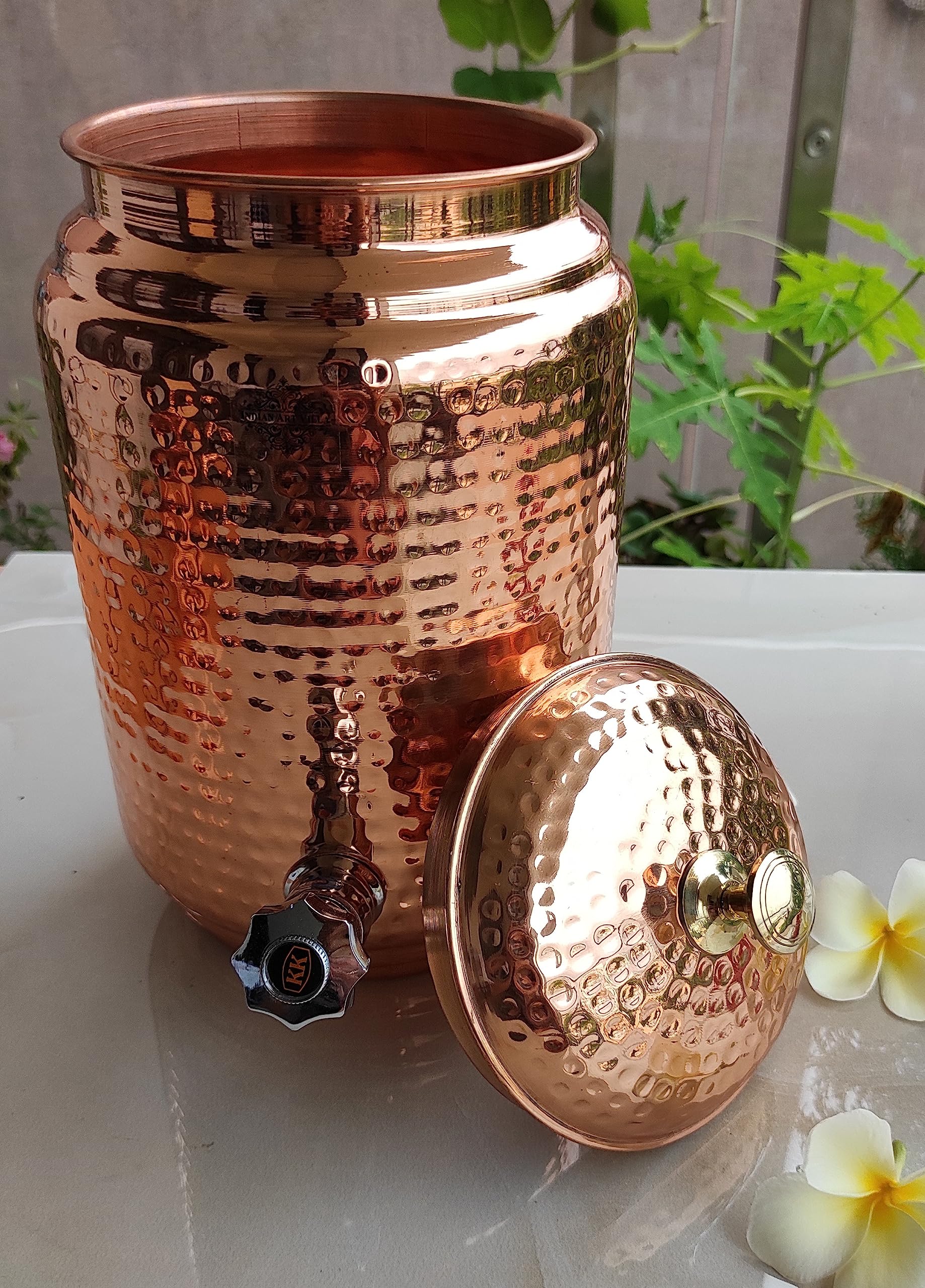 Pure Copper Hammered Design Water Pot with Brass Stand, Tap & Knob - Indian Art Villa Handcrafted Water Storage & Serving Jug for Home, Office & Ayurvedic Rituals
