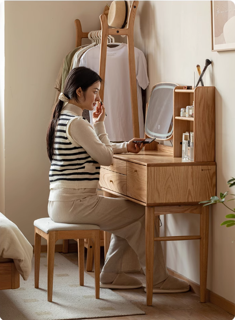 Solid Oak & Ash Wood Dressing Table with LED Lighted Makeup Mirror - Perfect for Bedroom Vanity, Makeup Application & Home Decor