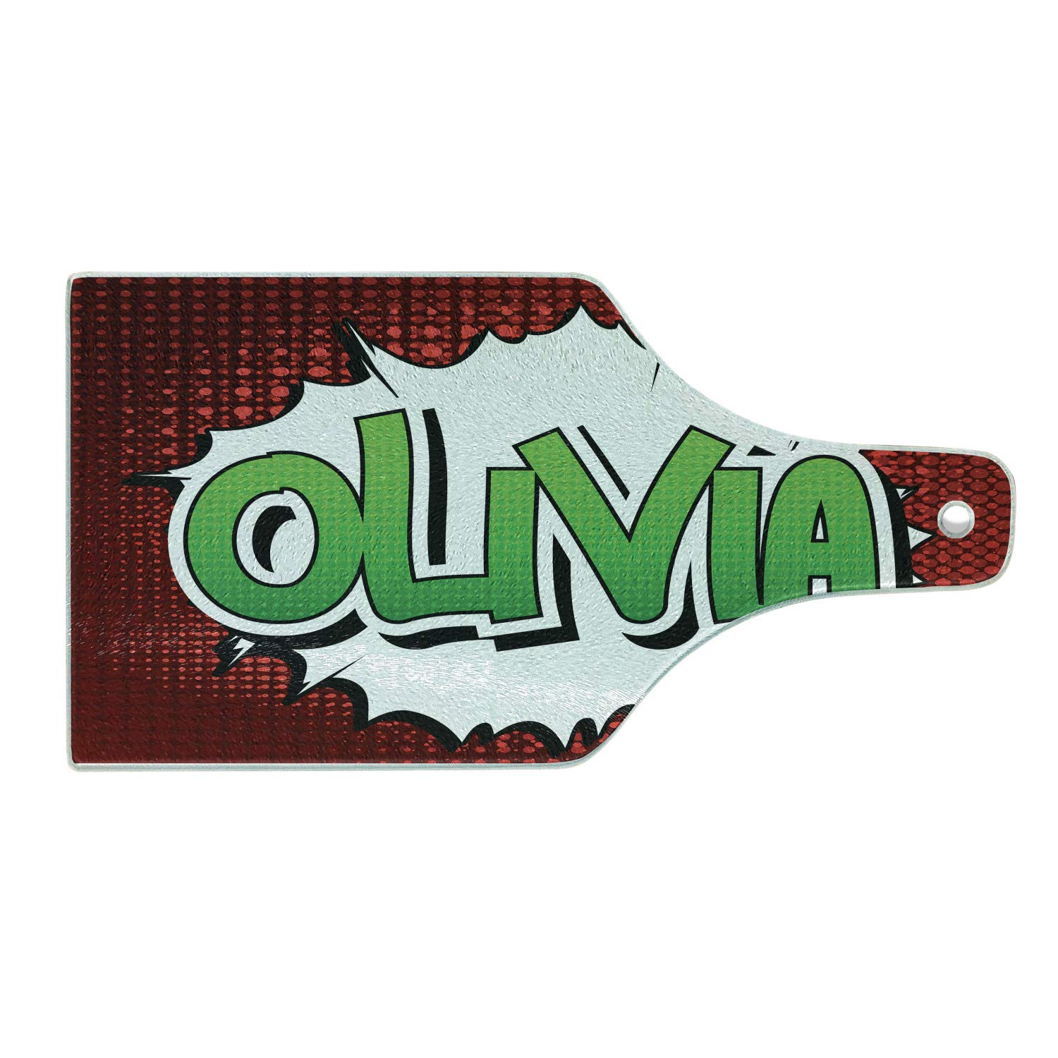 Ambesonne Olivia Tempered Glass Cutting Board - Retro Comic Book Design with Teen Girl Name - Decorative Serving Board for Kitchen & Dining - Wine Bottle Shape in Ruby Green & White - Perfect for Cheese, Charcuterie & Wine Pairing