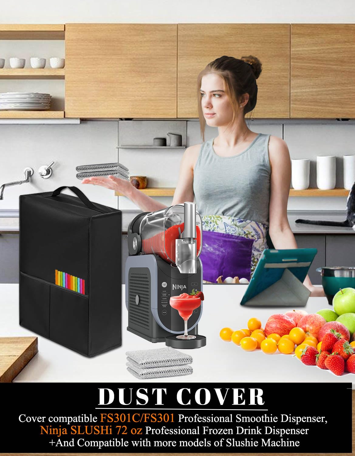 **Ninja Slushie Machine Cover - Dustproof, Waterproof, Moisture-Proof Nylon Fabric Lid for FS301C/FS301/FS300 - Perfect for Home Bars, Parties & Outdoor Events (Black)**