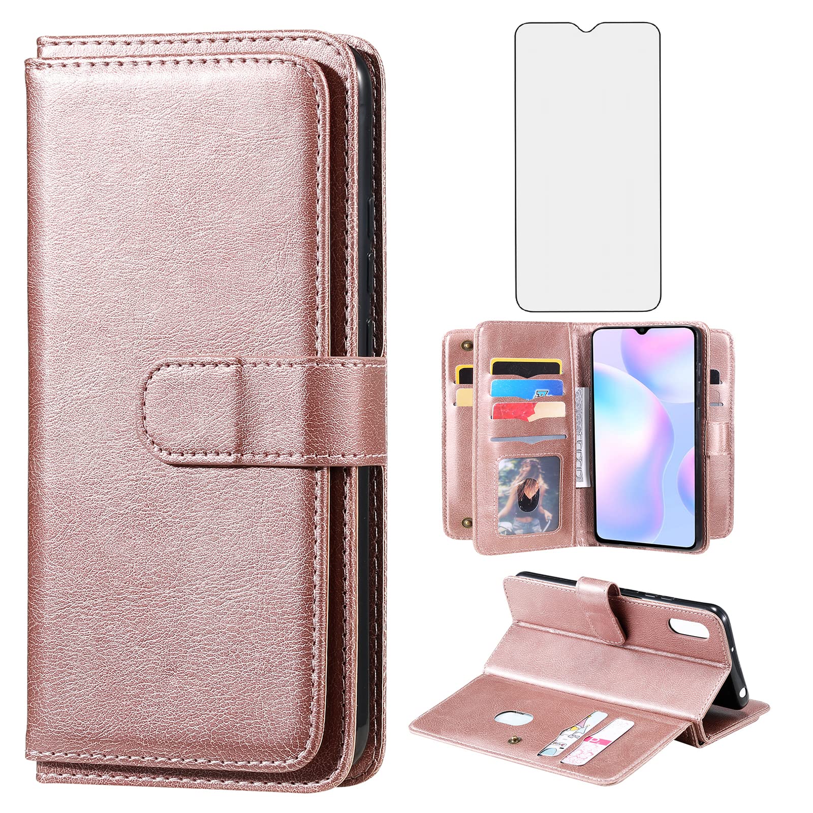 Xiaomi Redmi 9A/9i Wallet Case with Tempered Glass Screen Protector - Flip Cover Credit Card Holder & Folio Purse Phone Case (Rose Gold) | Perfect for Daily Use, Travel & Business Meetings