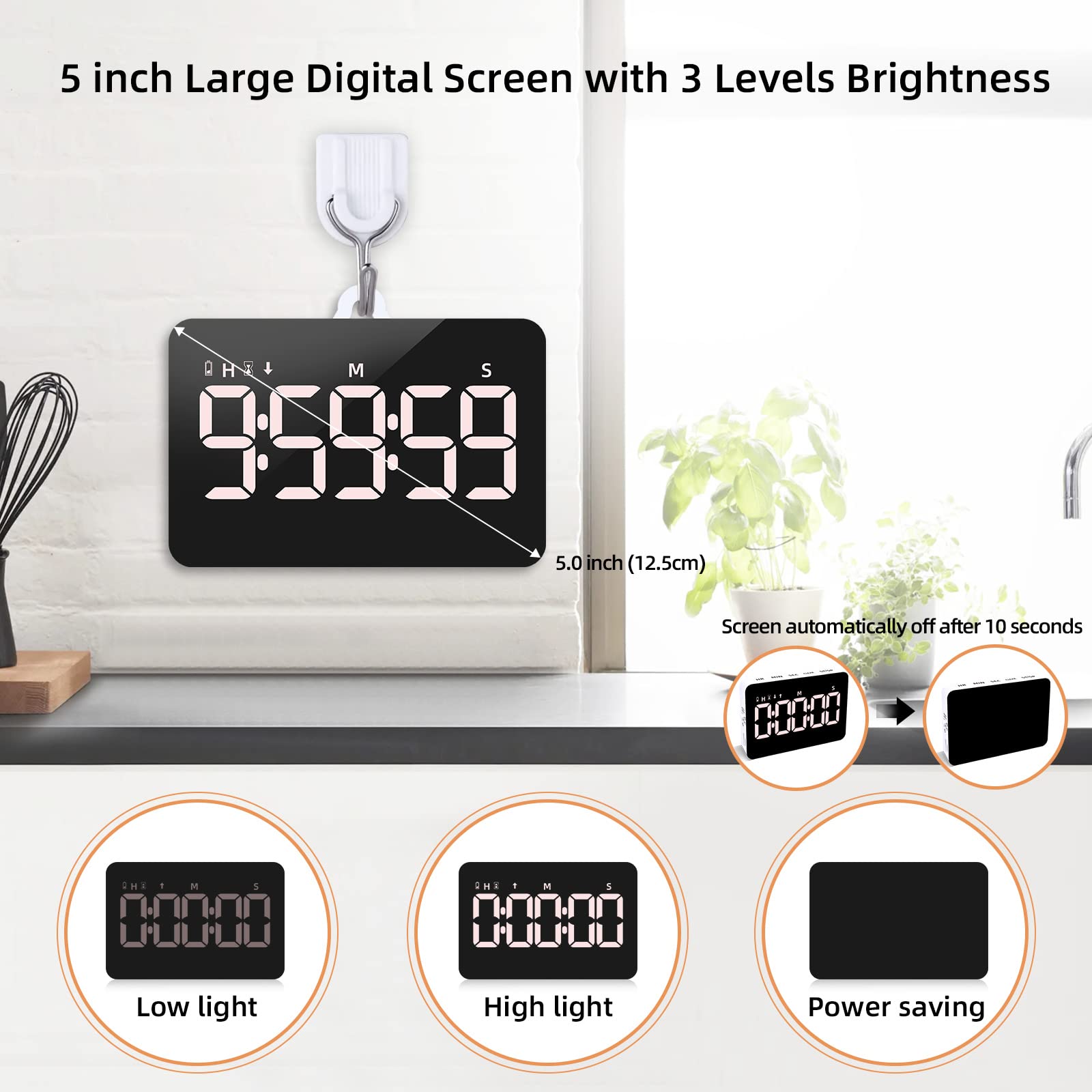 Rechargeable Digital Kitchen Timer with Magnetic Back - Countdown/Countup, 5