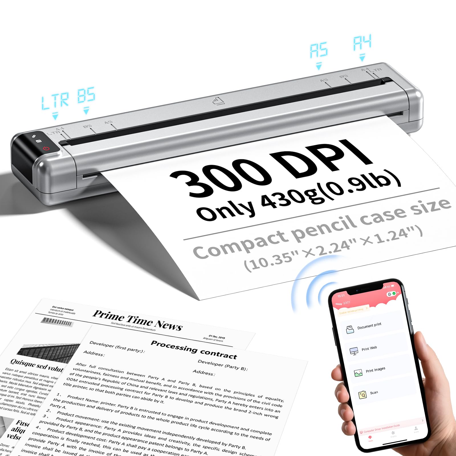 Portable Wireless Thermal Printer for Travel - Q302 WiFi Inkless Printer with Reverse Charging, Bluetooth Phone Printer Supports US Letter/A4/B5/A5 Paper, 300DPI - Perfect for Home, Office & On-the-Go Printing Needs