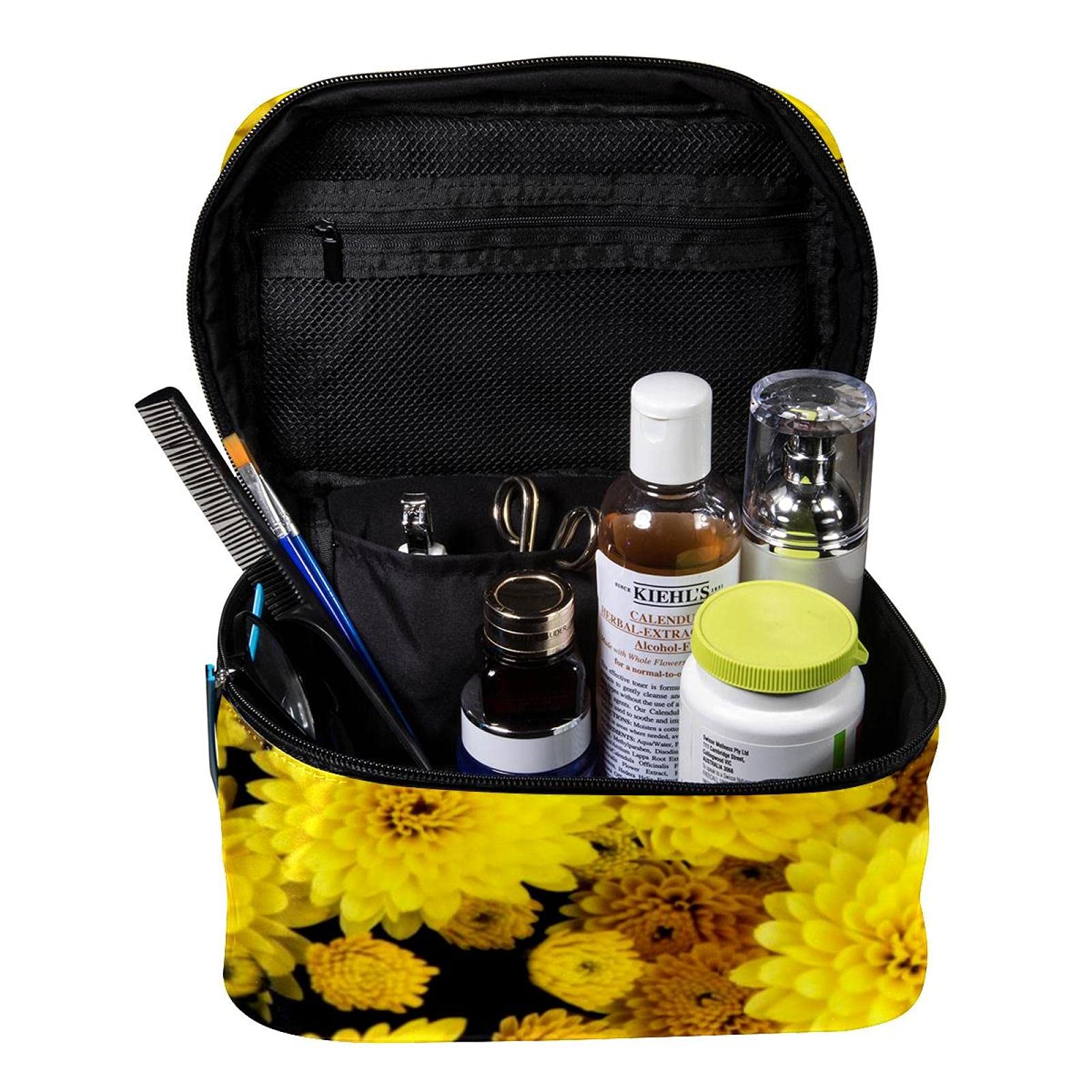 Yellow Chrysanthemum Floral Makeup Bag - Large Travel Cosmetic Organizer for Women | Perfect for Vacation & Daily Use