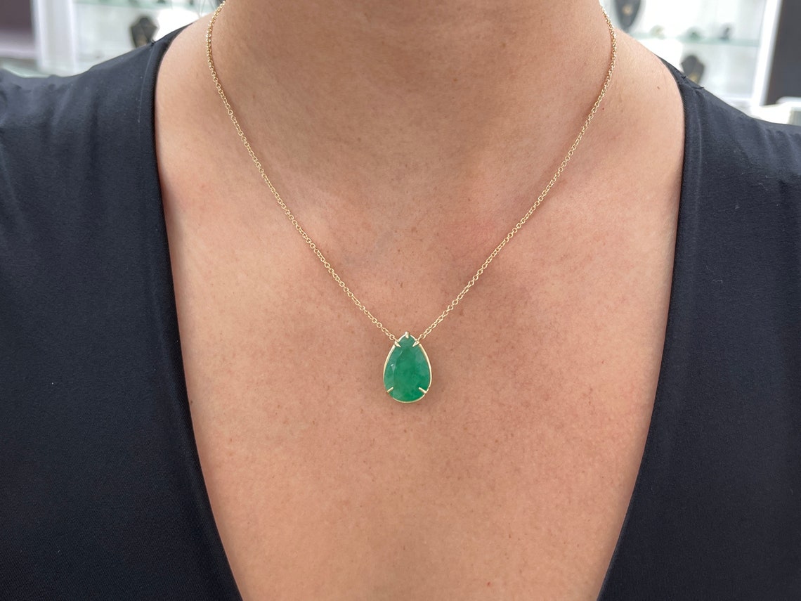 9.30ct Natural Rich Green Emerald Pear Cut Solitaire 14K Gold 5-Prong Necklace | Elegant Statement Jewelry for Weddings, Parties & Special Occasions